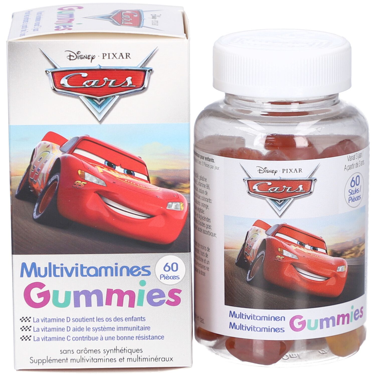 Confezione in cartone con motivo Disney Cars. Scritta: Multivitamine Gummies. 60 pezzi. Contiene vitamina D e C.
