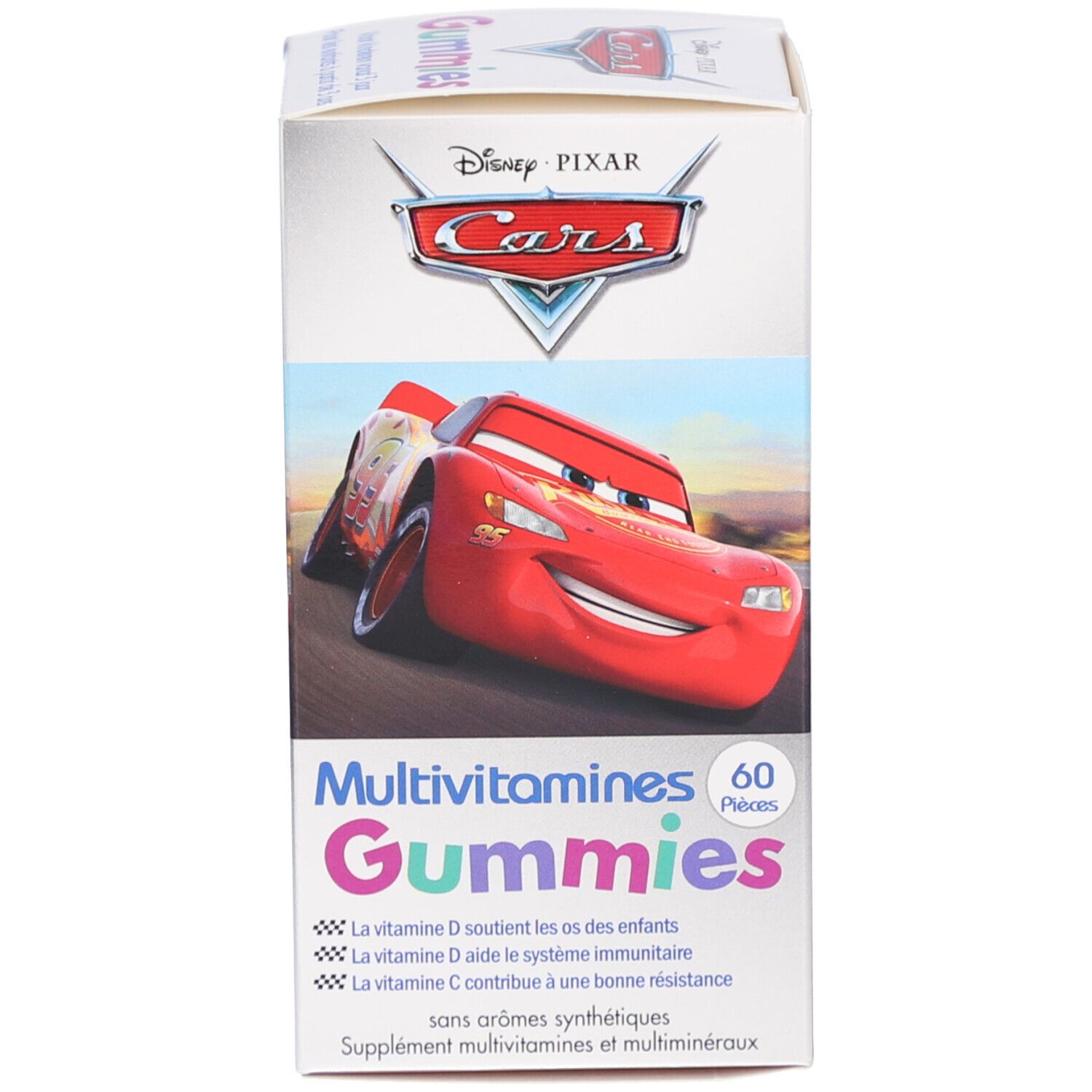 Confezione in cartone con motivo Disney Cars. Scritta: Multivitamine Gummies. 60 pezzi. Contiene vitamina D e C.