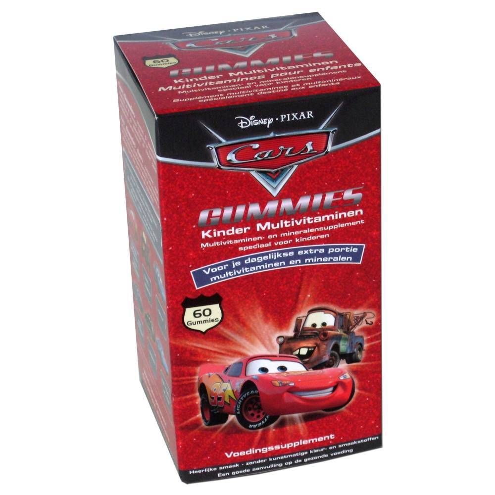 Confezione di multivitamine Disney Cars. Scatola rossa con logo Cars, 60 caramelle gommose. Scritto: Multivitamine per bambini.