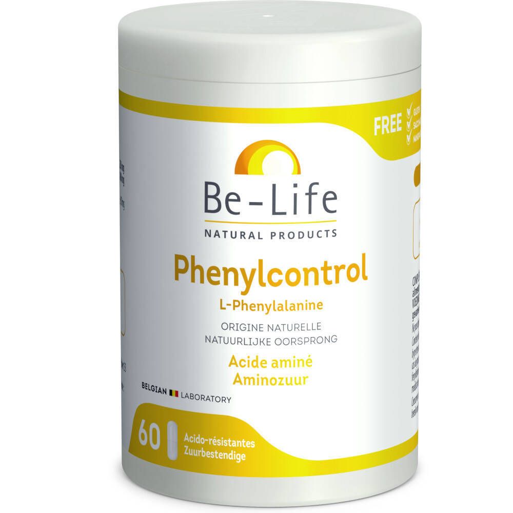 Contenitore Be-Life Phenylcontrol. Contenitore bianco con dettagli gialli. Scritta Phenylcontrol e 60 capsule.
