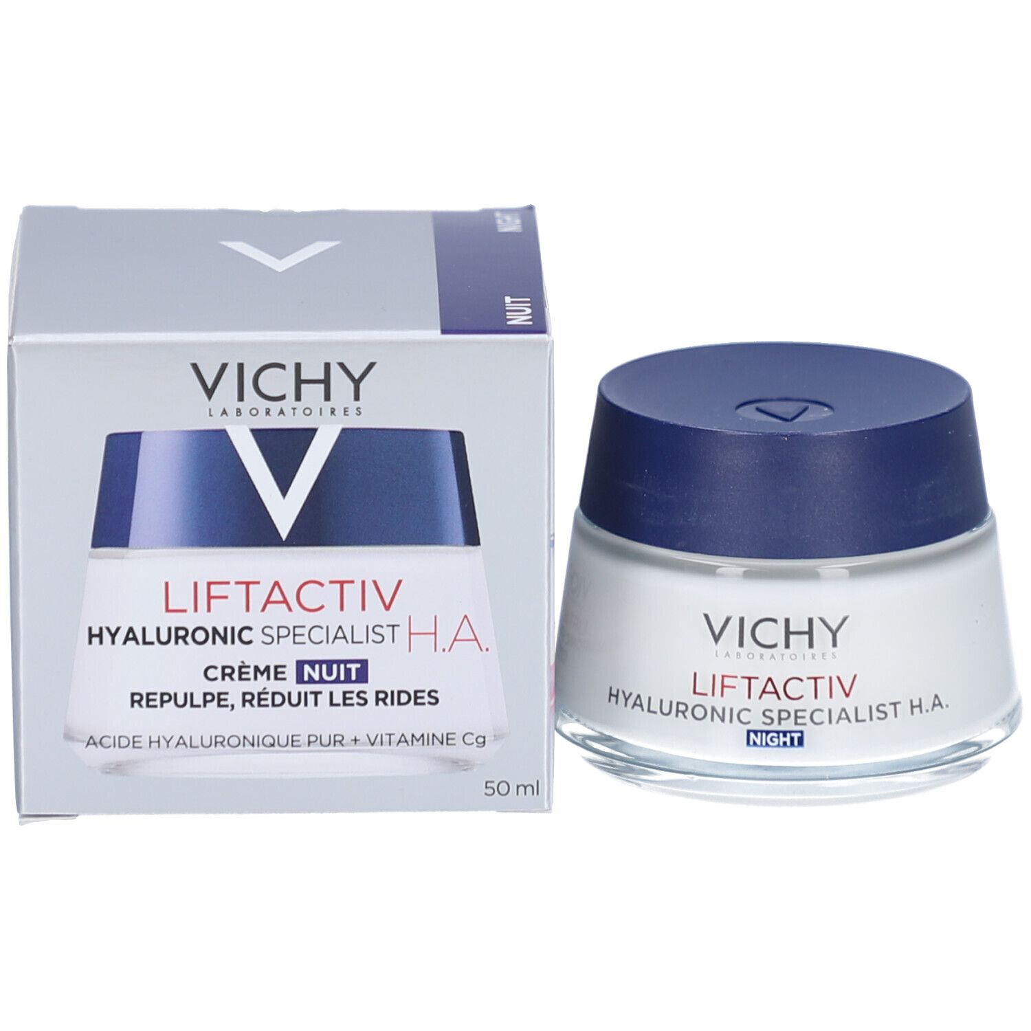 Vichy Liftactiv Hyaluronic Specialist H.A. Notte. Vaso e confezione. Nome del prodotto visibile.
