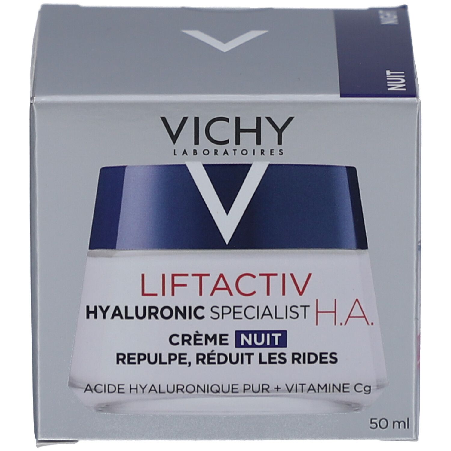 Vichy Liftactiv Hyaluronic Specialist H.A. Notte. Vaso e confezione. Nome del prodotto visibile.
