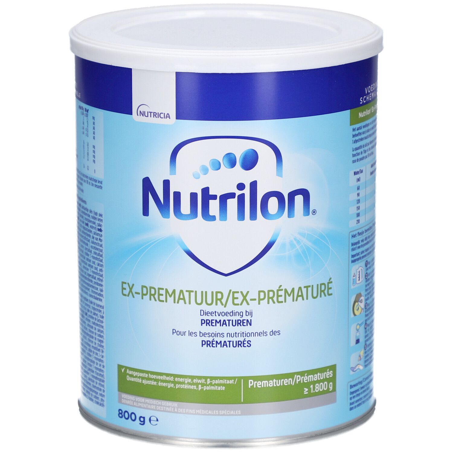 Lattina Nutrilon Ex-Premature. Lattina blu con coperchio bianco. Testo: Ex-Premature, 800g.