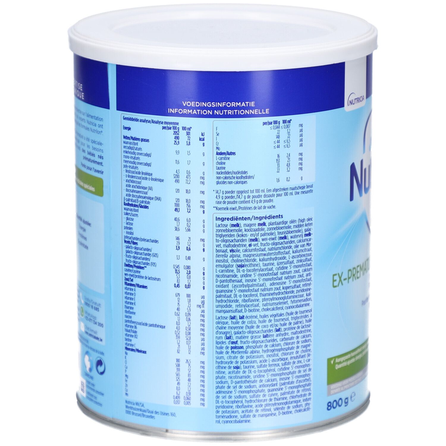 Retro della lattina Nutrilon Ex-Premature. Contiene informazioni nutrizionali e ingredienti.