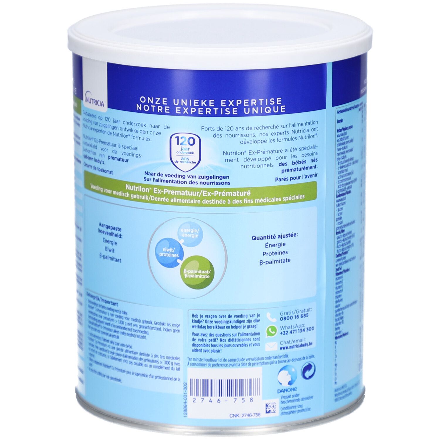 Retro della lattina Nutrilon Ex-Premature. Contiene informazioni nutrizionali e uso.