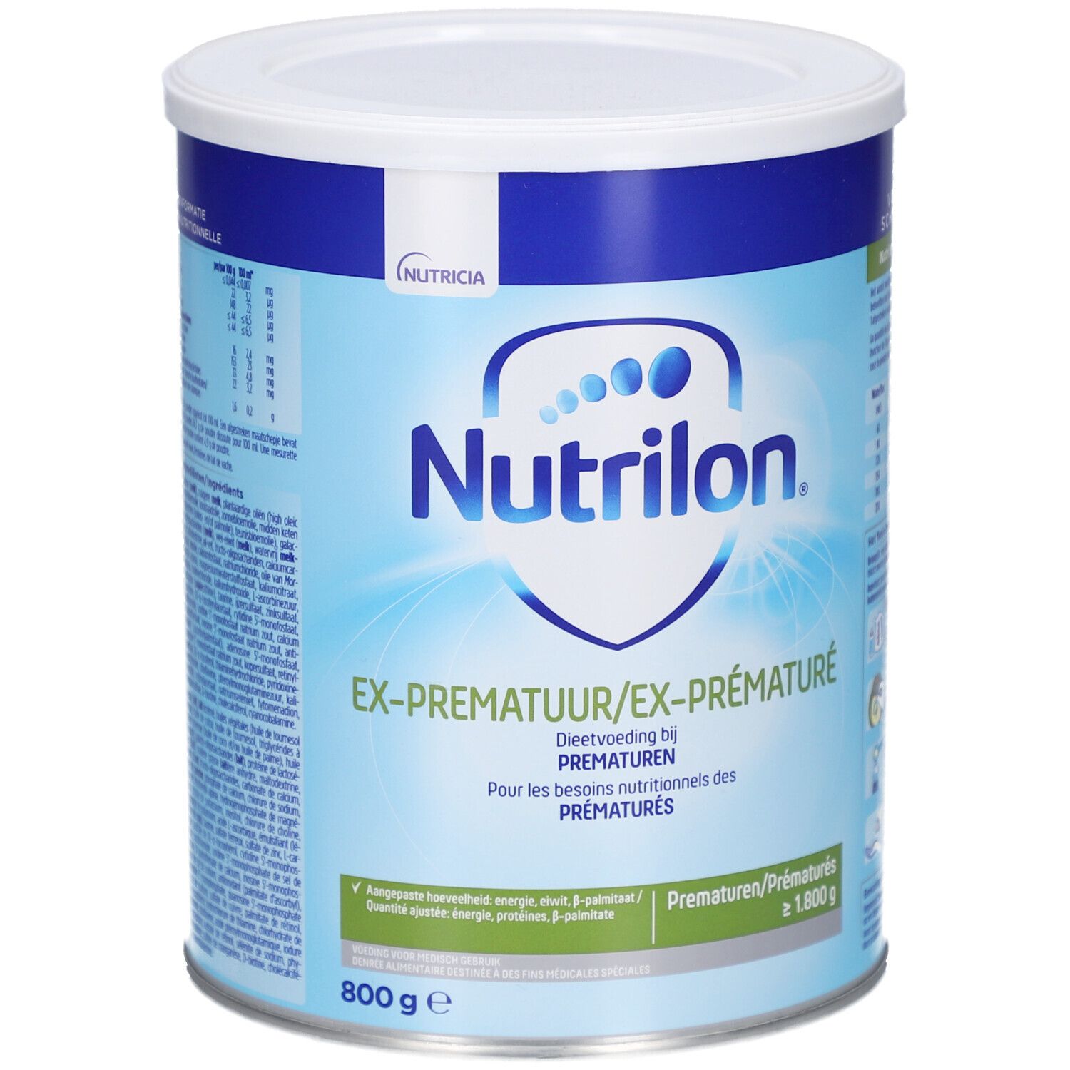 Lattina Nutrilon Ex-Premature. Lattina blu con coperchio bianco. Testo: Ex-Premature, 800g.
