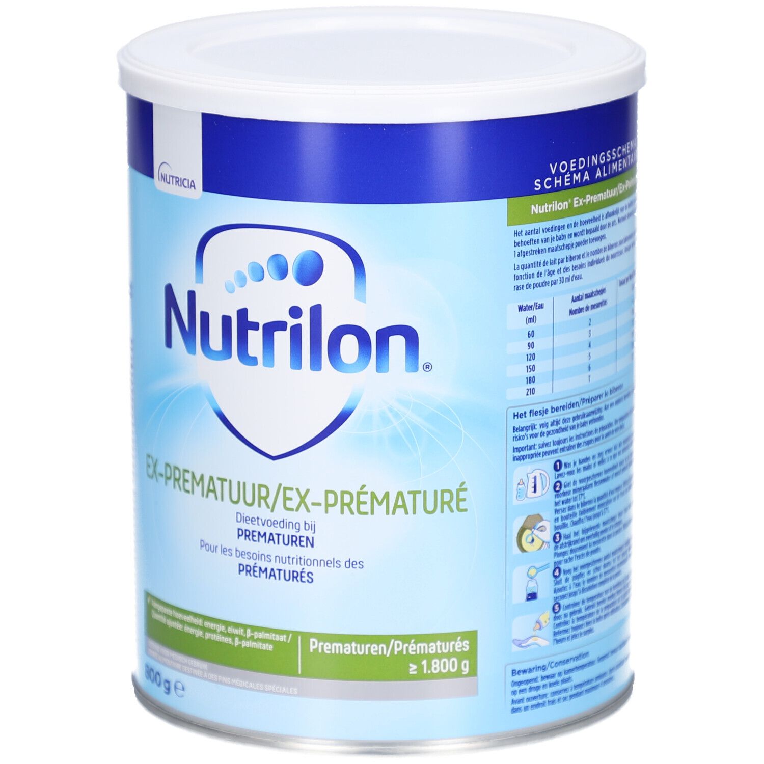 Lattina Nutrilon Ex-Premature. Lattina blu con coperchio bianco. Testo: Ex-Premature, 800g.