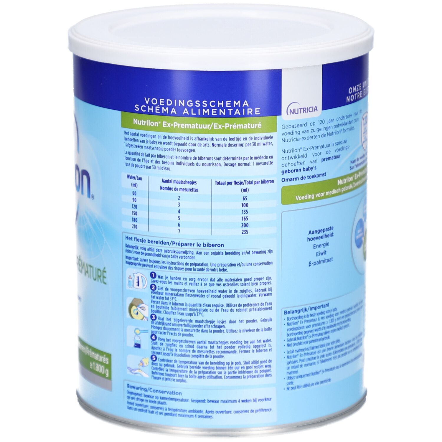 Retro della lattina Nutrilon Ex-Premature. Contiene informazioni nutrizionali e preparazione.