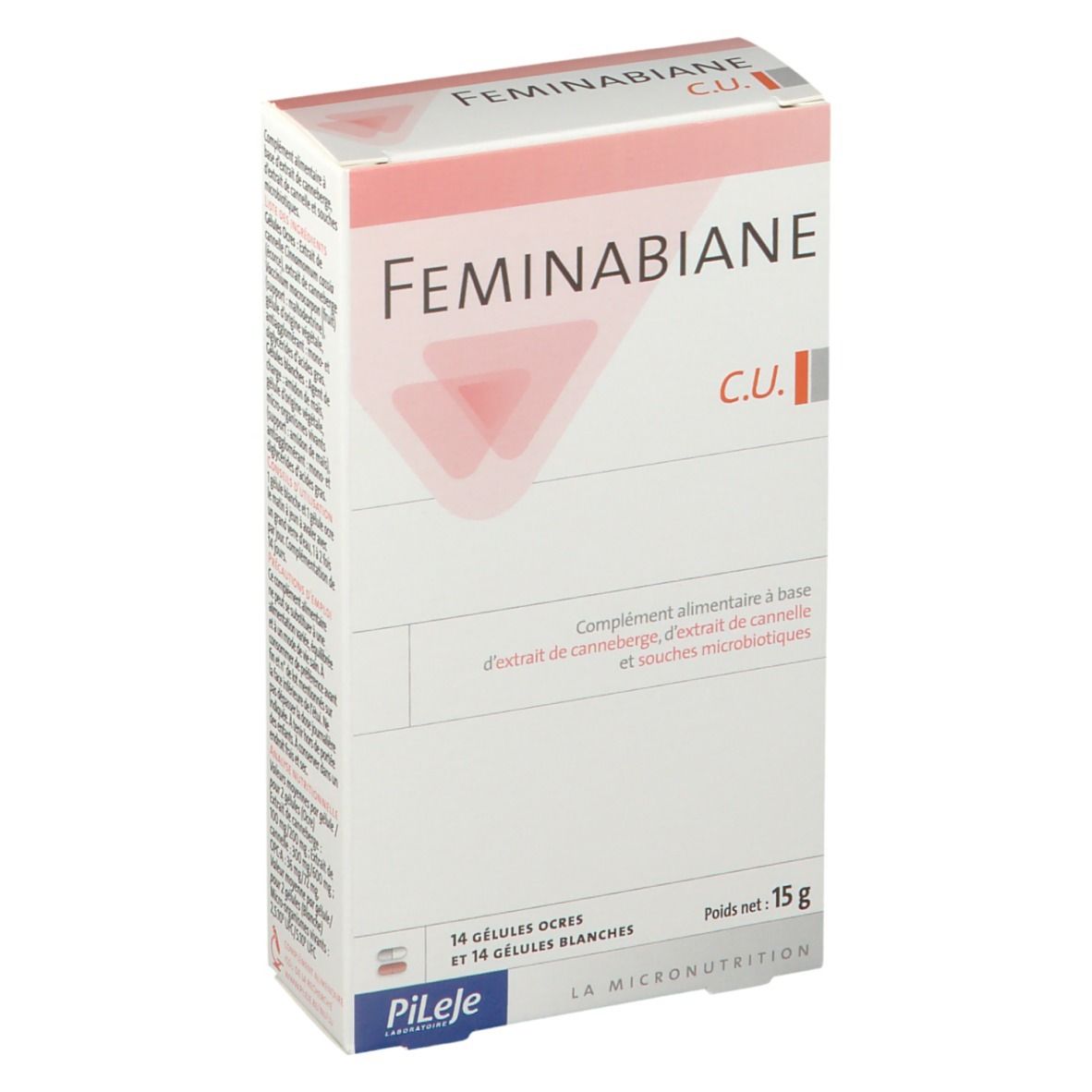 Confezione con nome e logo del prodotto. Contiene 14 capsule ocra e 14 bianche. Peso netto: 15 g.