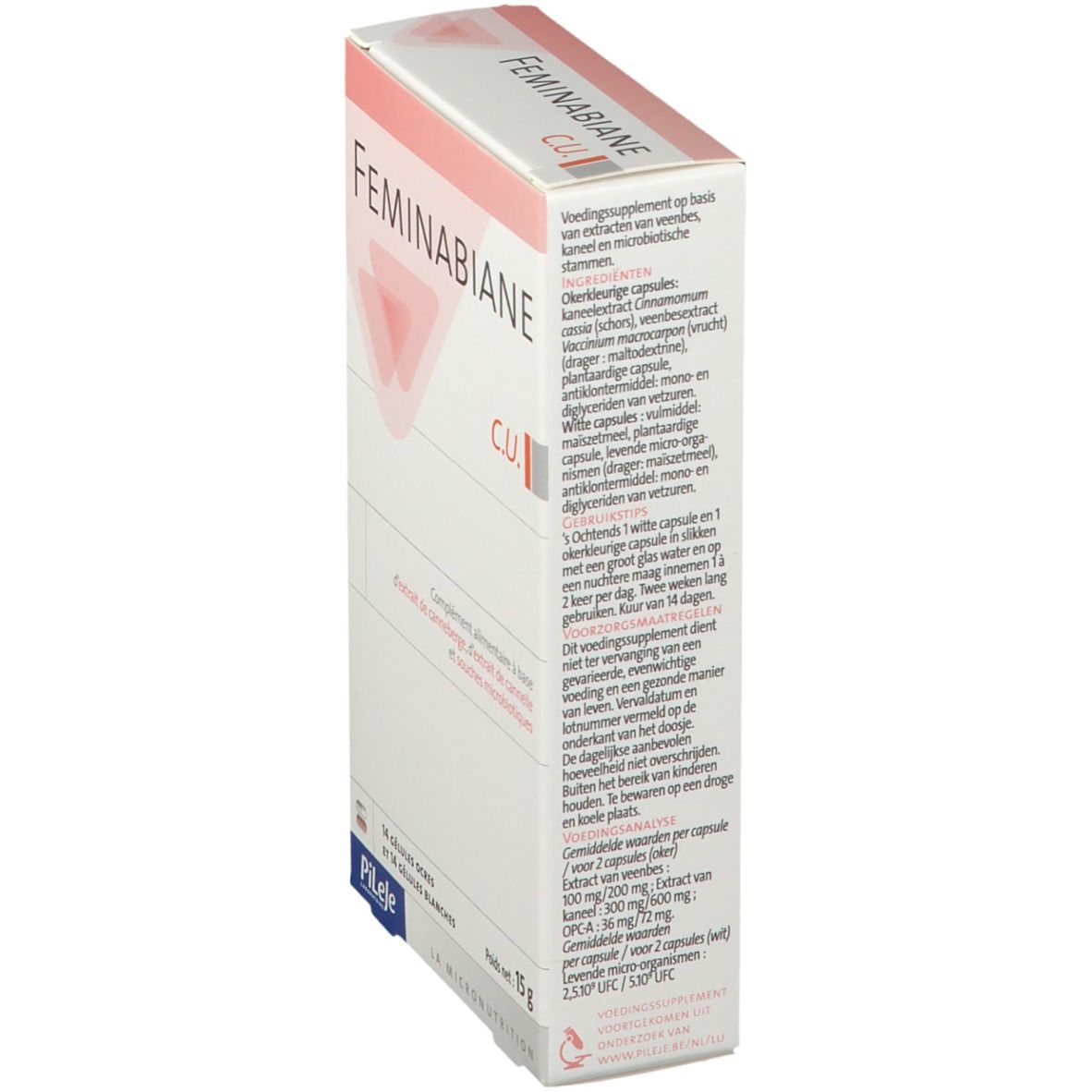 Confezione del prodotto in diagonale con testo. Contiene informazioni sugli ingredienti e il dosaggio. Marchio: Feminabiane.