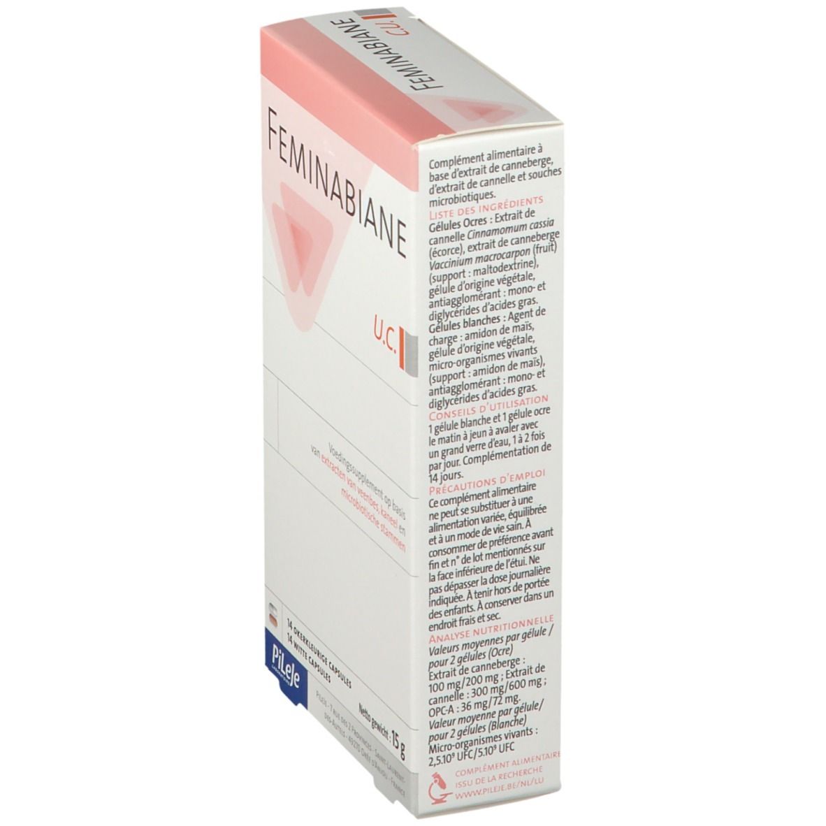 Confezione del prodotto con testo e informazioni sugli ingredienti. Contiene informazioni sul dosaggio. Marchio: Feminabiane.