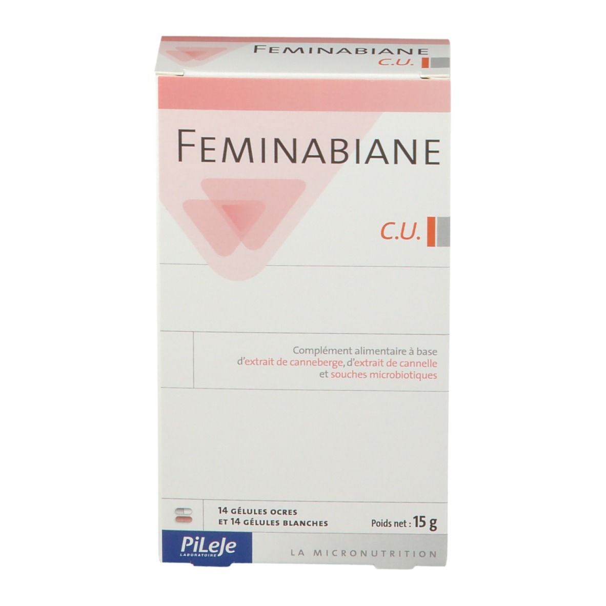 Confezione con nome e logo del prodotto. Contiene 14 capsule ocra e 14 bianche. Peso netto: 15 g.