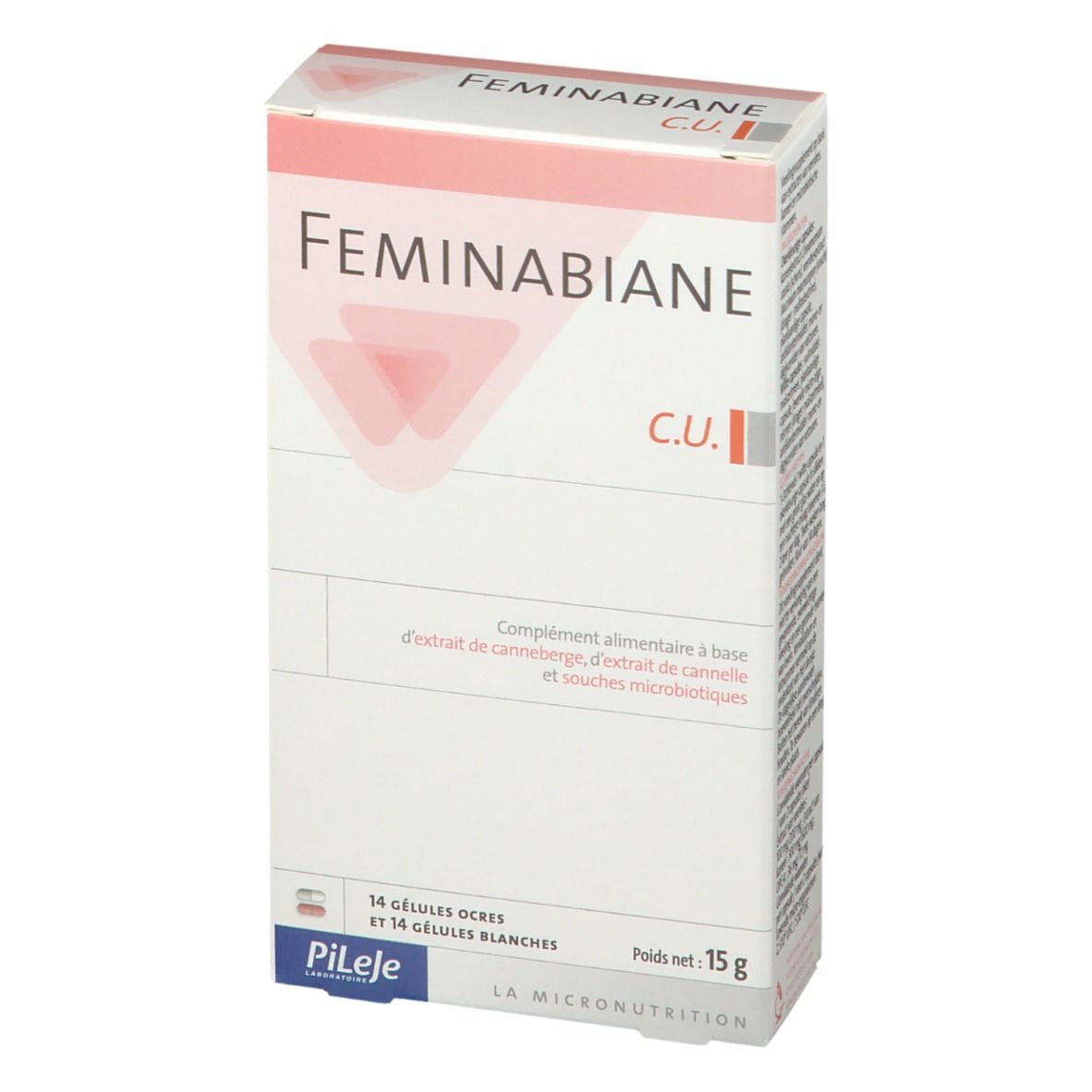 Confezione con nome e logo del prodotto. Contiene 14 capsule ocra e 14 bianche. Peso netto: 15 g.