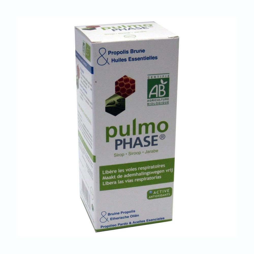 Confezione in cartone con nome pulmo PHASE, certificazione AB. Contiene propoli e oli essenziali. Testo in francese, olandese e spagnolo.