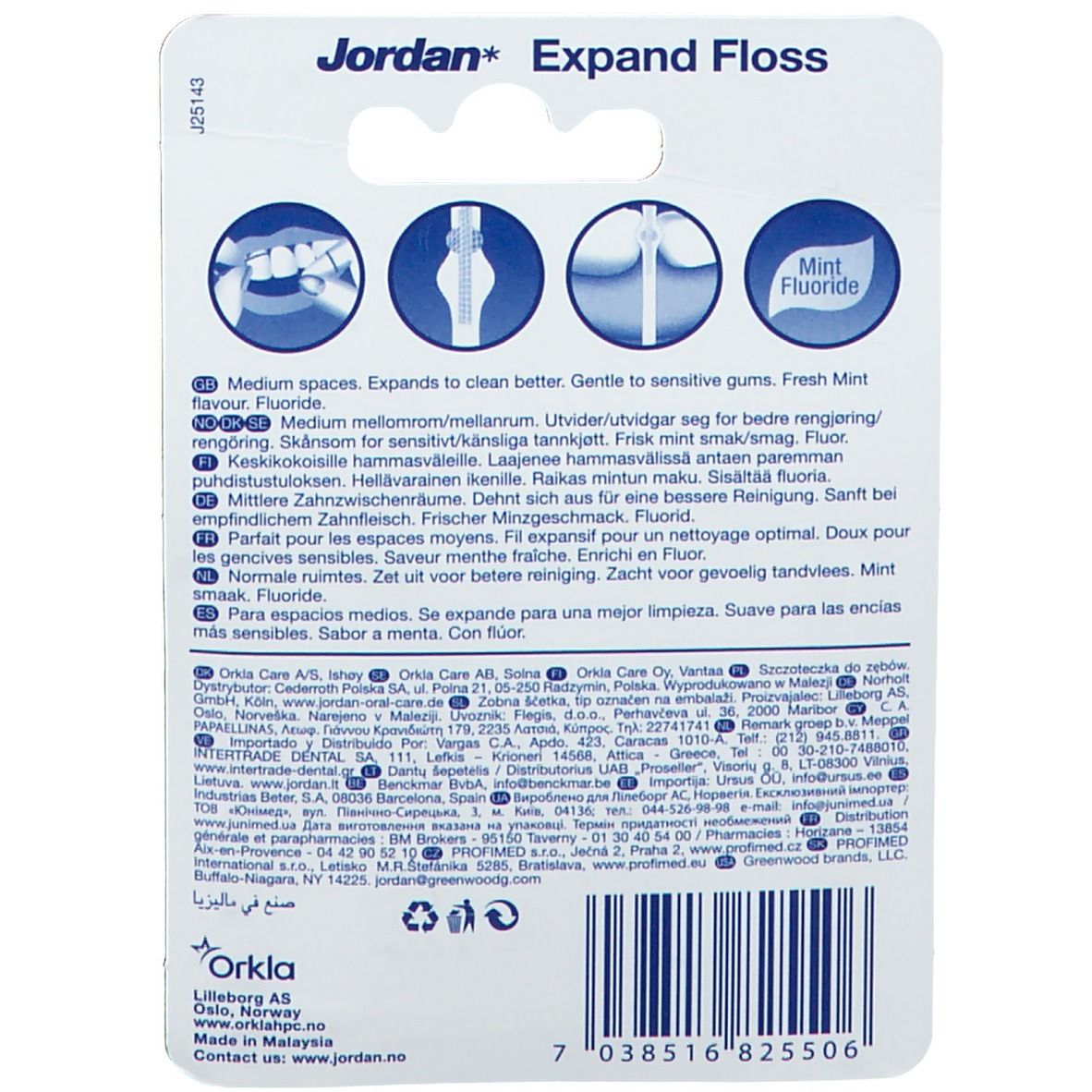 Retro della confezione del filo interdentale. Marchio Jordan. Informazioni sugli ingredienti e l'uso. Gusto menta e fluoro.