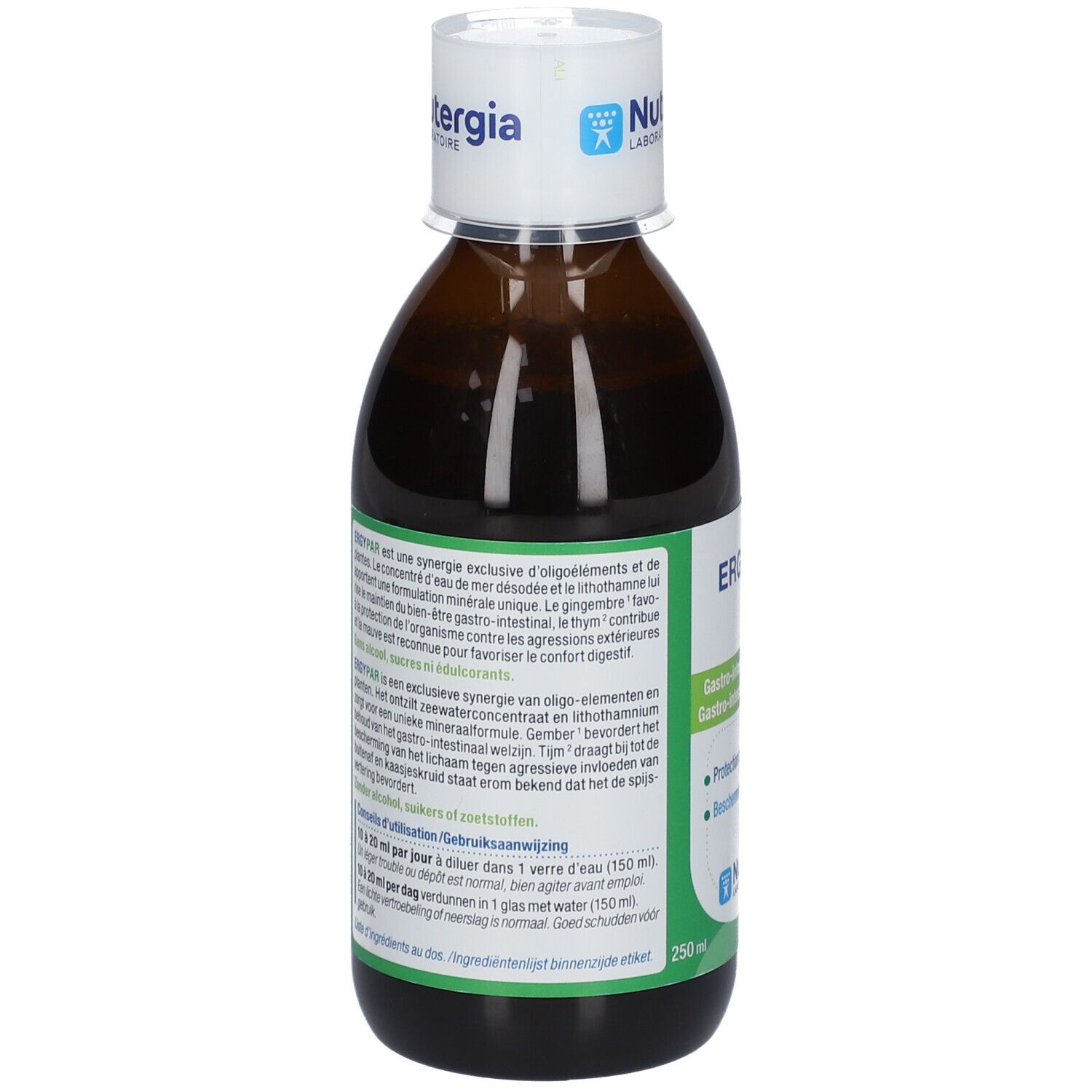 Retro del flacone marrone. Testo multilingue. Marchio Nutergia. Tappo bianco.