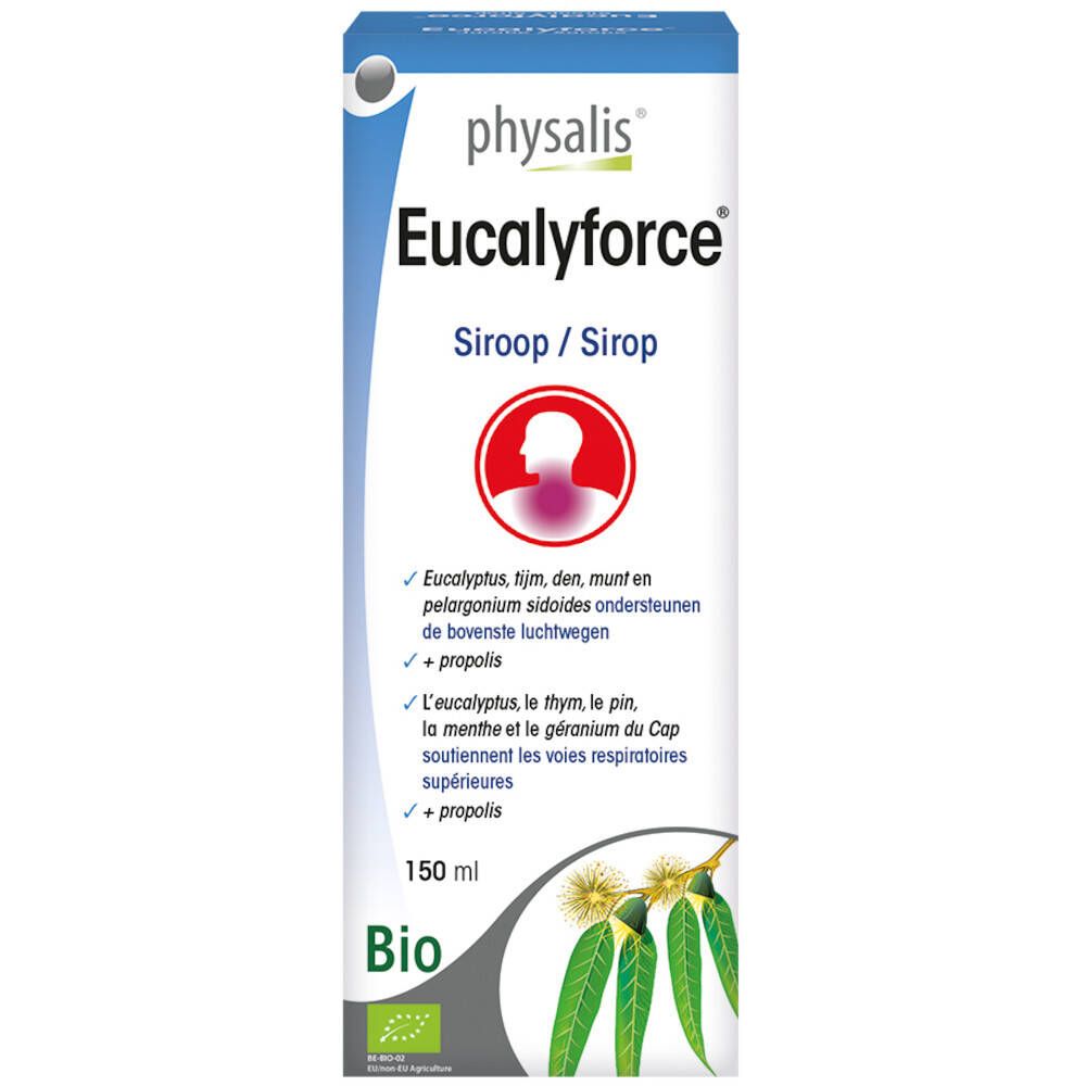 Physalis Eucalyforce Bio. Bottiglia con confezione blu e bianca. Contiene 150 ml. Certificazione Bio.