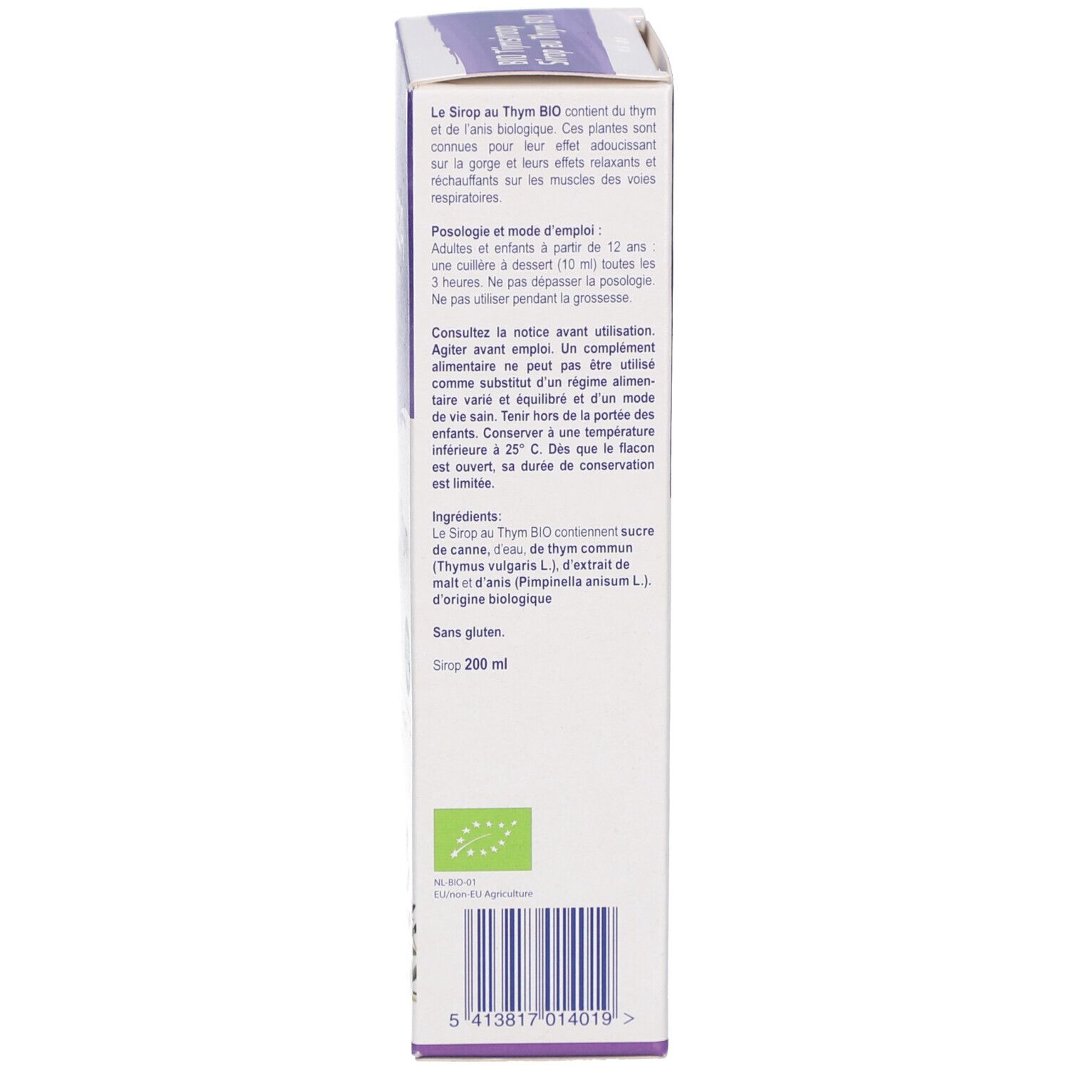 Retro della confezione in cartone. Testo in più lingue. Elenco ingredienti, dosaggio, informazioni produttore. Logo: certificazione bio.