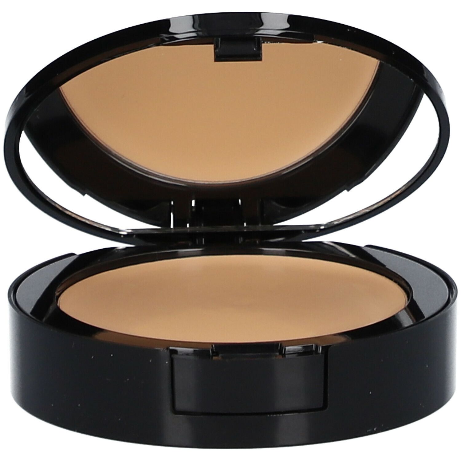 Make-up compatto aperto con specchio. Custodia nera, polvere colorata. Specchio nel coperchio.