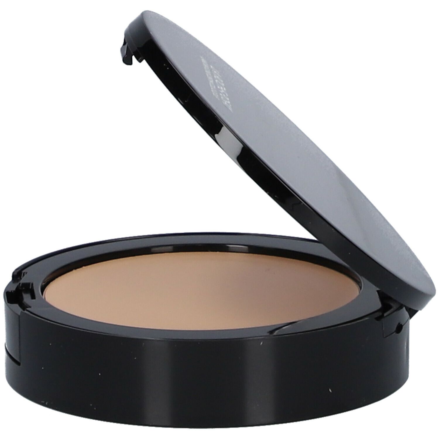 Make-up compatto aperto. Custodia nera, polvere colorata. Marchio sul coperchio.