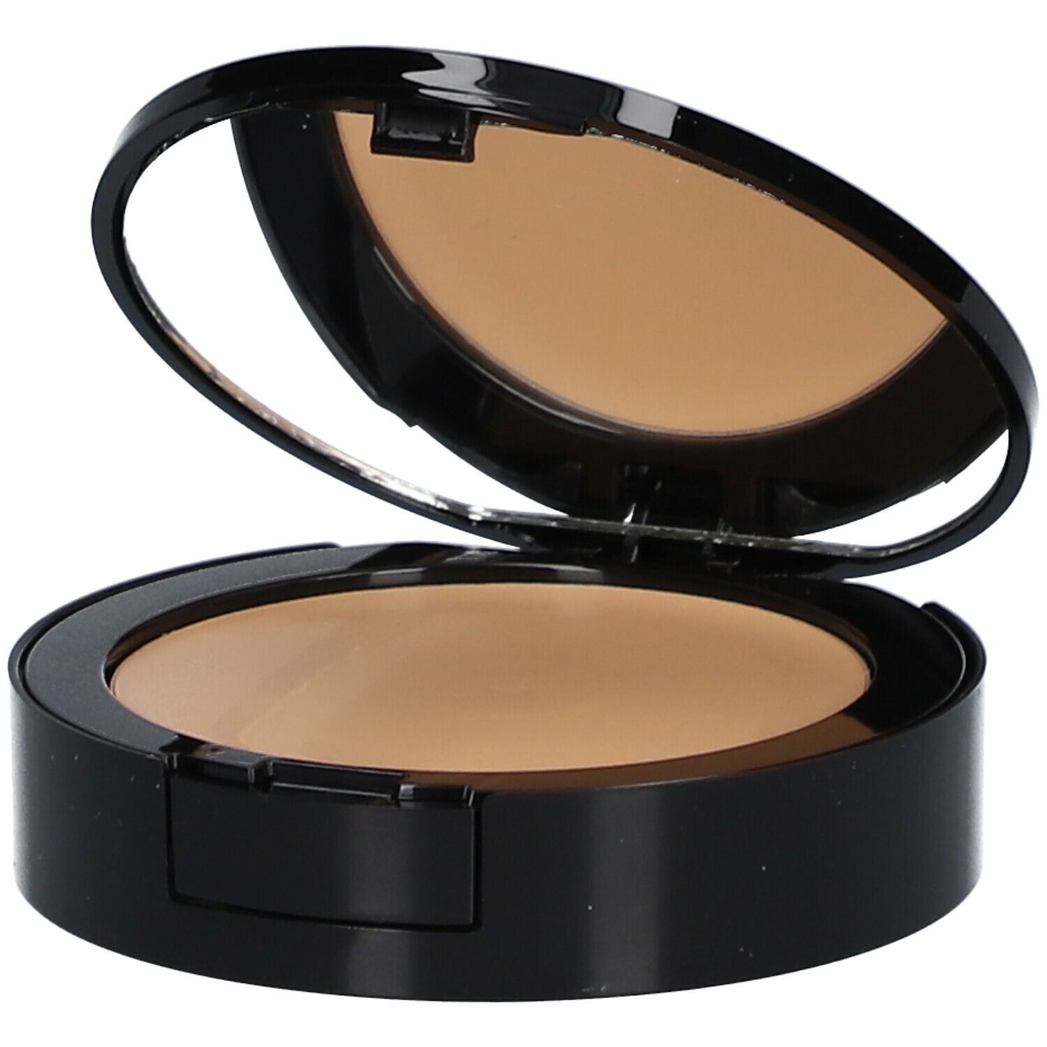 Make-up compatto aperto con specchio. Custodia nera, polvere colorata. Specchio nel coperchio.