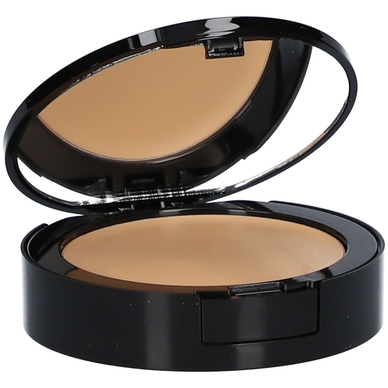 Make-up compatto aperto con specchio. Custodia nera, polvere colorata. Specchio nel coperchio.