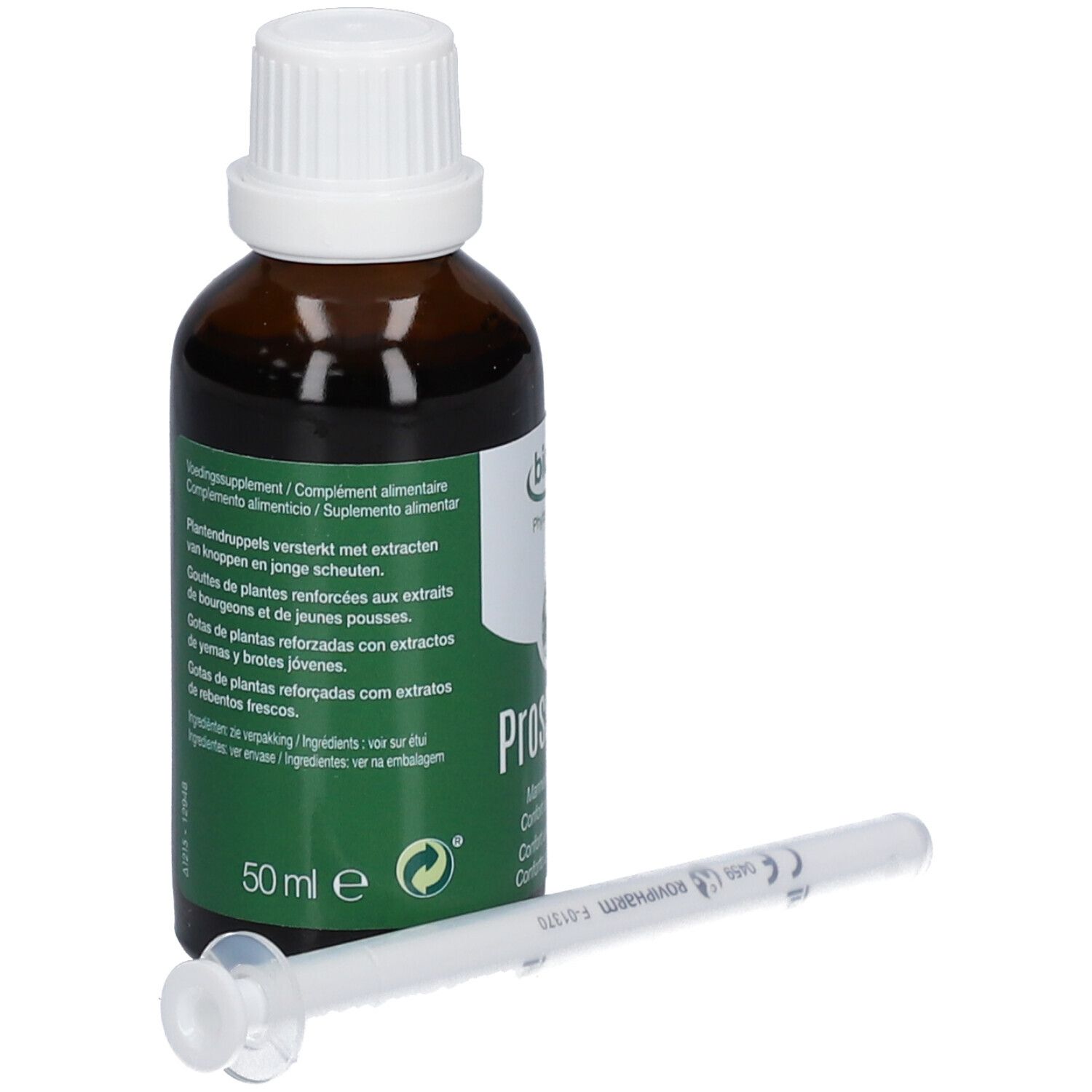 Flacone di vetro marrone con tappo bianco ed etichetta verde. Contiene liquido. Include siringa. Testo: Prossaplan, 50 ml.