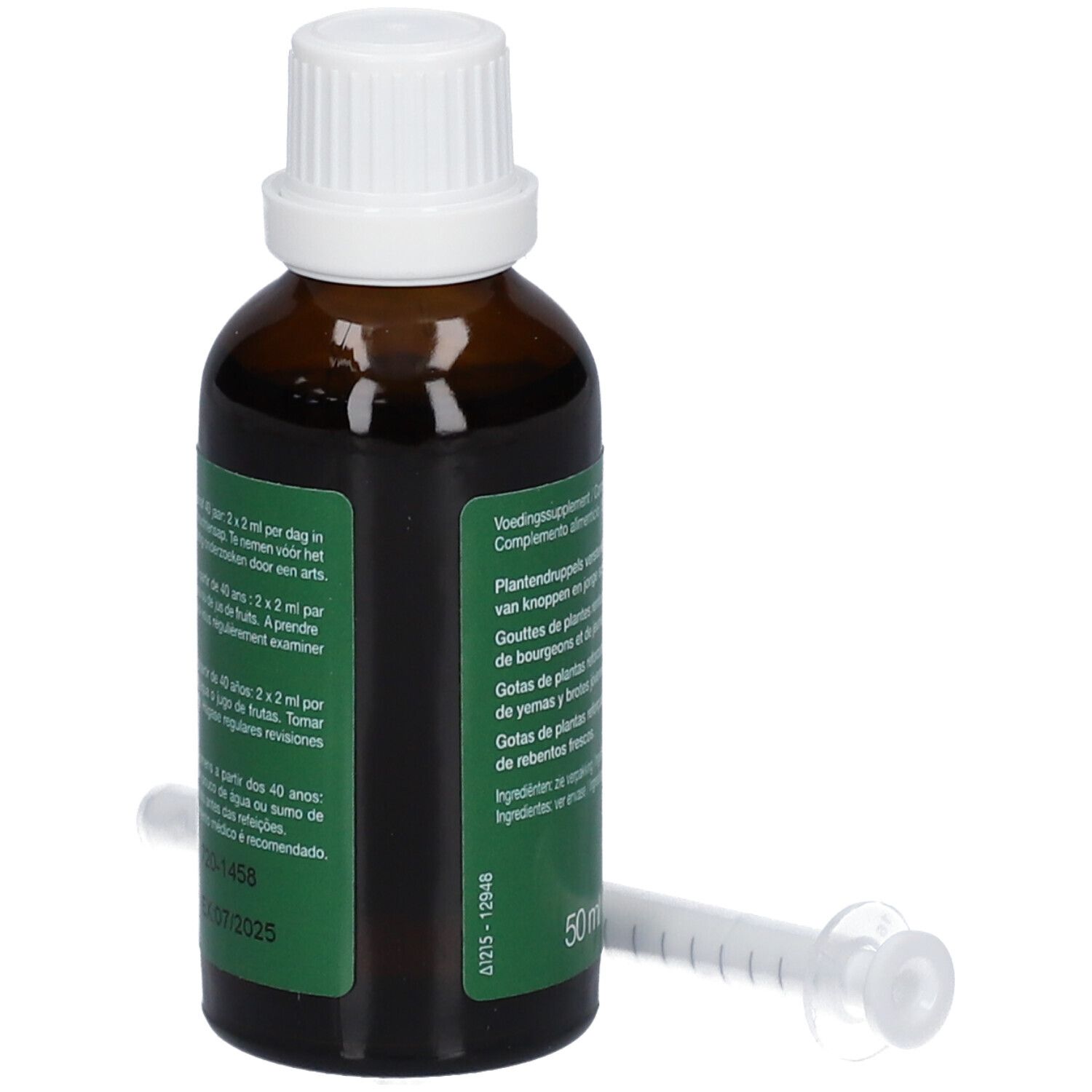 Flacone di vetro marrone con tappo bianco ed etichetta verde. Contiene liquido. Include siringa. Testo: Prossaplan, 50 ml.