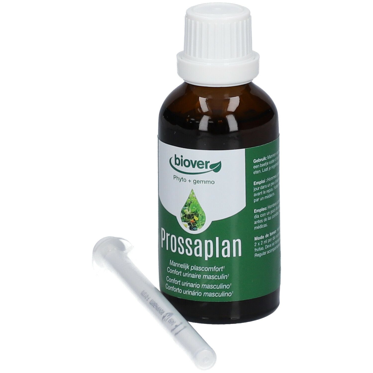 Flacone di vetro marrone con tappo bianco ed etichetta verde. Contiene liquido. Include siringa. Testo: Prossaplan, 50 ml.
