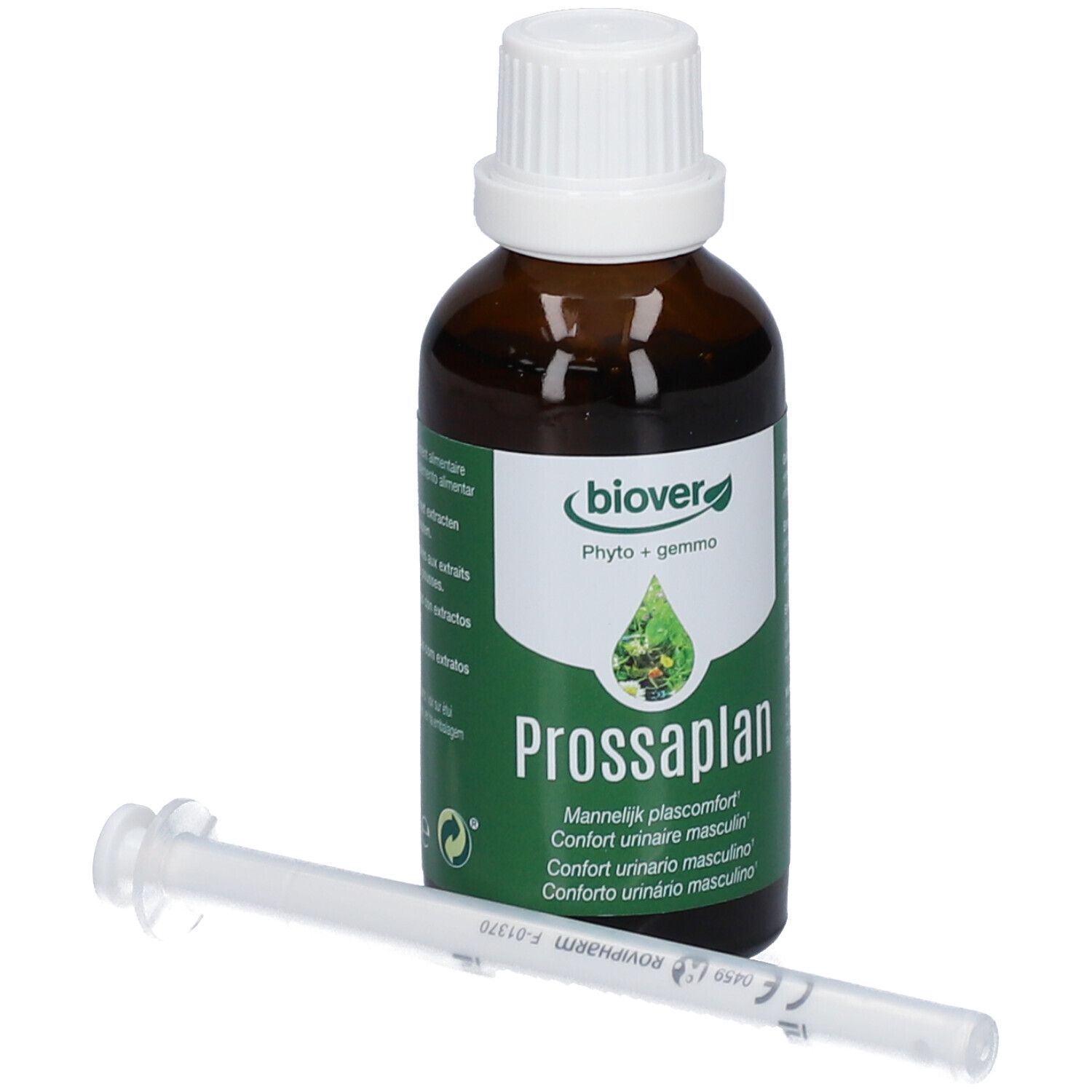 Flacone di vetro marrone con tappo bianco ed etichetta verde. Contiene liquido. Include siringa. Testo: Prossaplan, 50 ml.