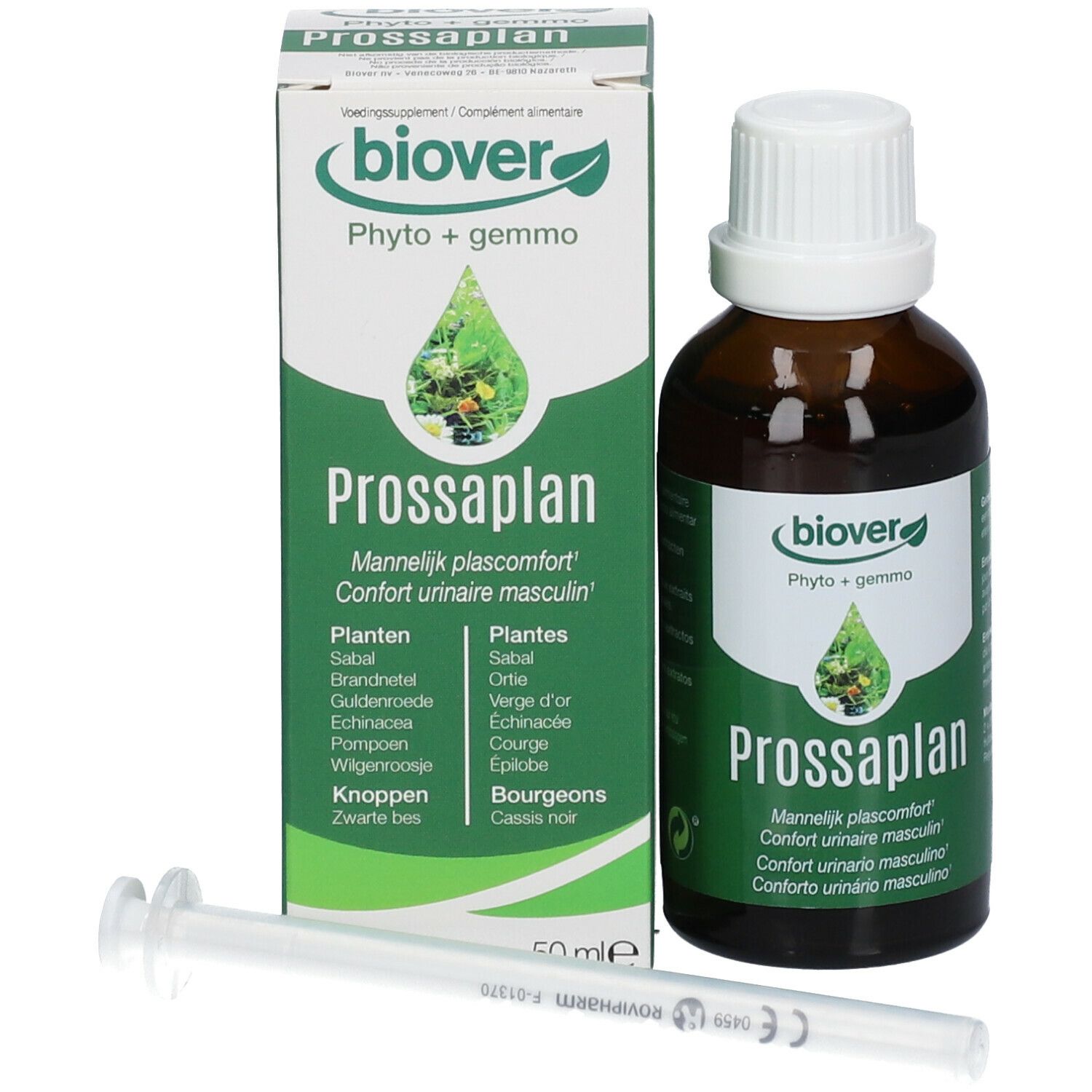 Flacone e scatola del prodotto. Flacone marrone con tappo bianco, etichetta verde. Siringa inclusa. Testo: Prossaplan, 50 ml. Scatola.