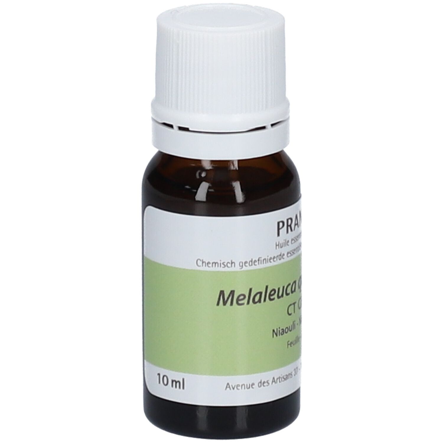 Flacone di vetro marrone con tappo bianco. Etichetta con nome del prodotto e ingredienti. Marchio PRANAROM.