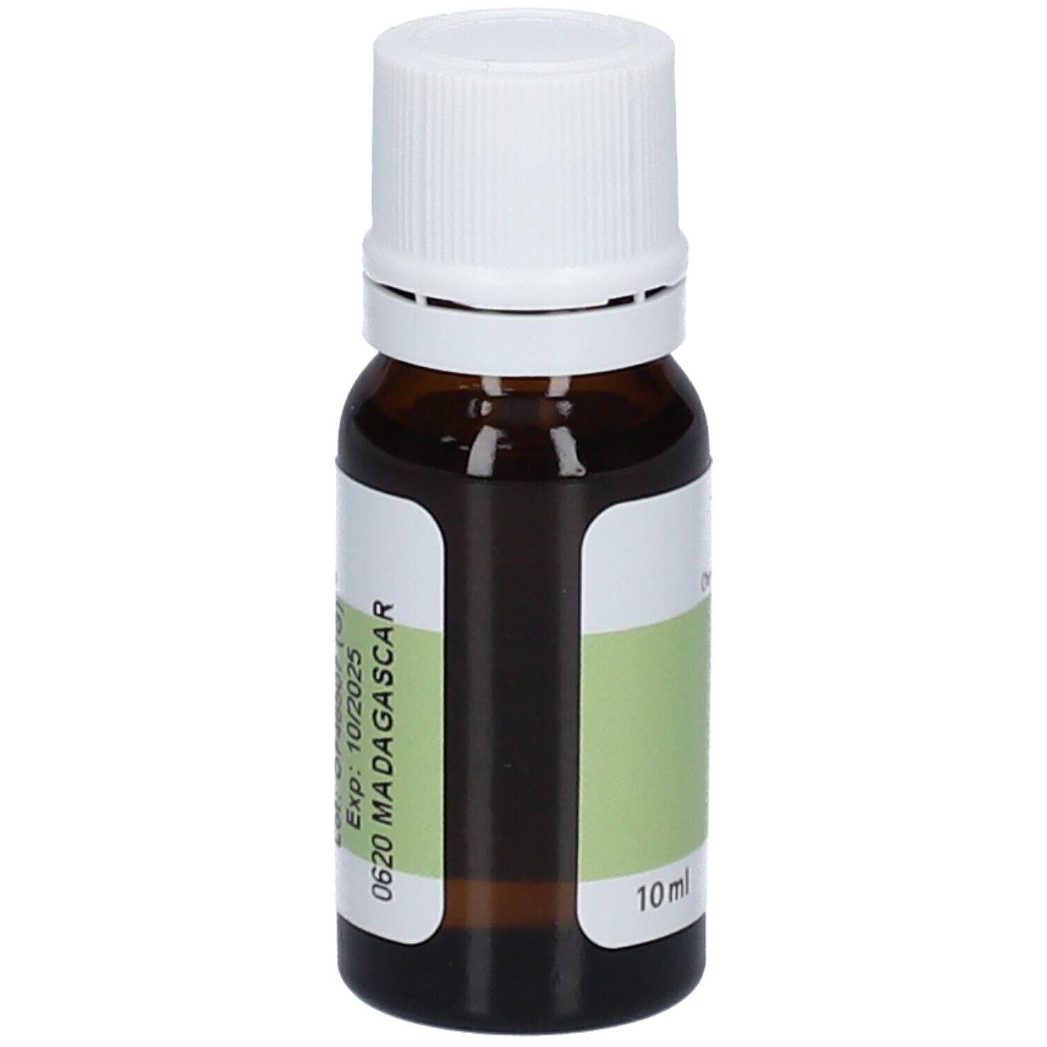 Flacone di vetro marrone con tappo bianco. Etichetta con nome del prodotto e ingredienti. Marchio PRANAROM.