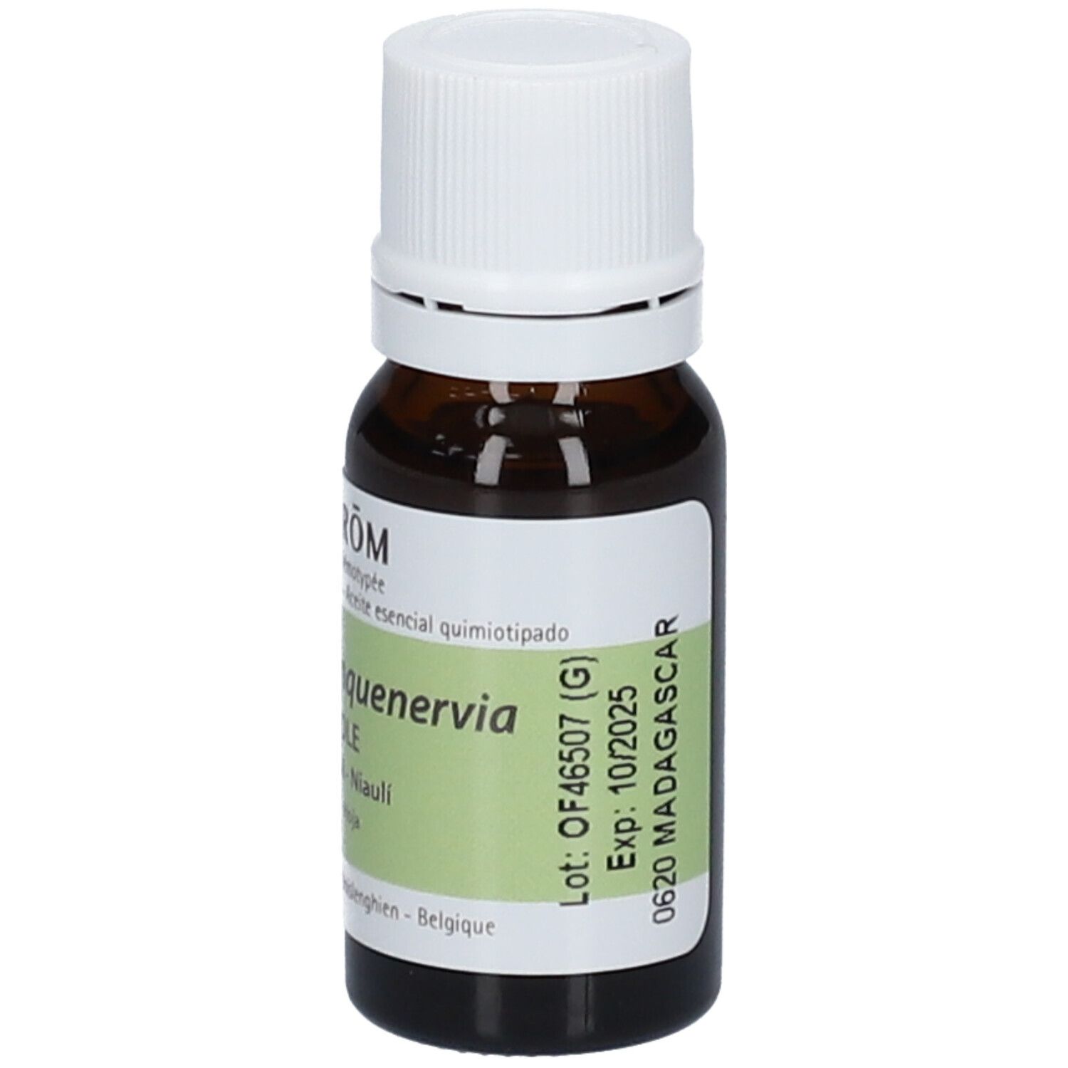 Flacone di vetro marrone con tappo bianco. Etichetta con nome del prodotto e ingredienti. Marchio PRANAROM.