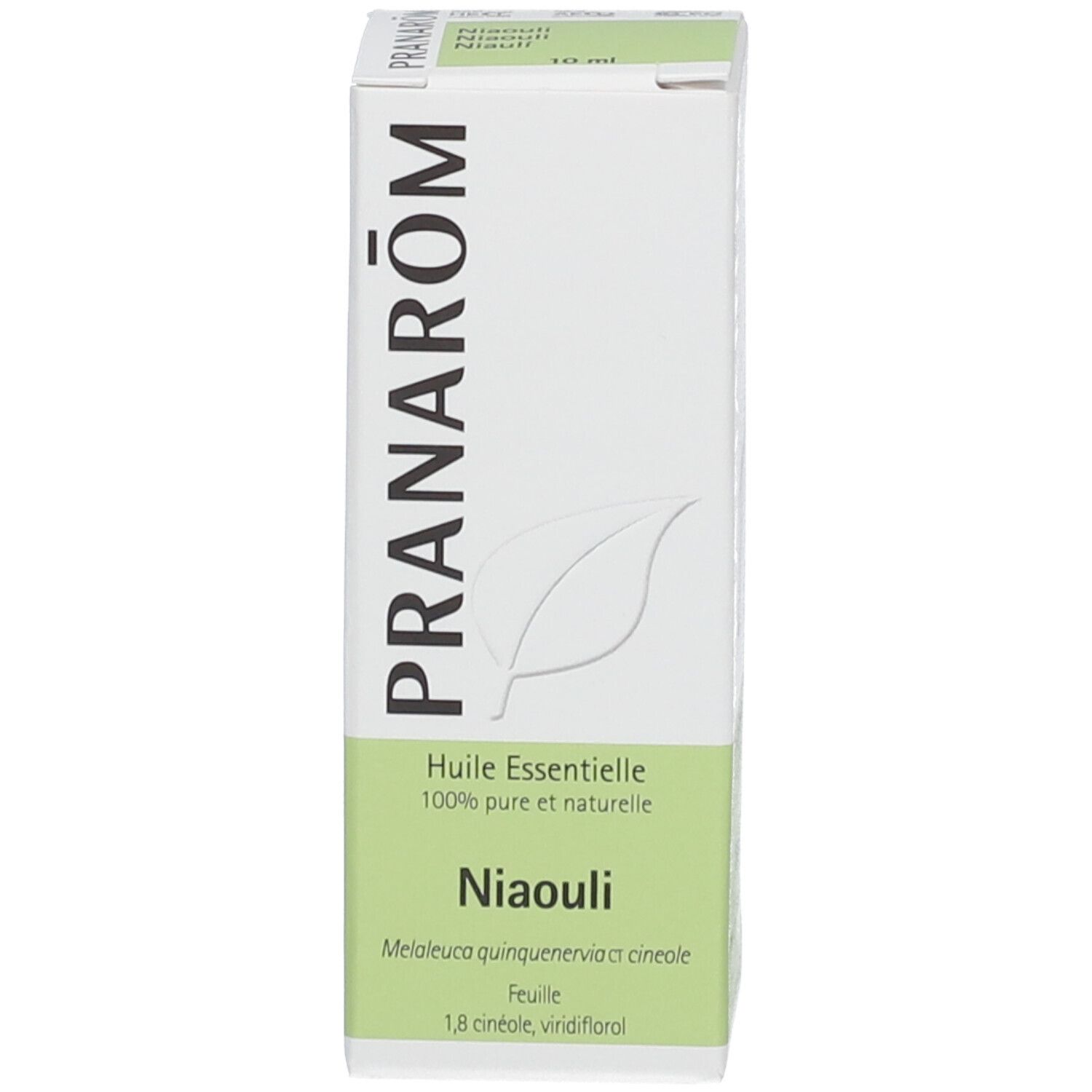 Scatola bianca con logo e nome del prodotto. Accenti verdi. Marchio PRANAROM. Nome del prodotto Niaouli.