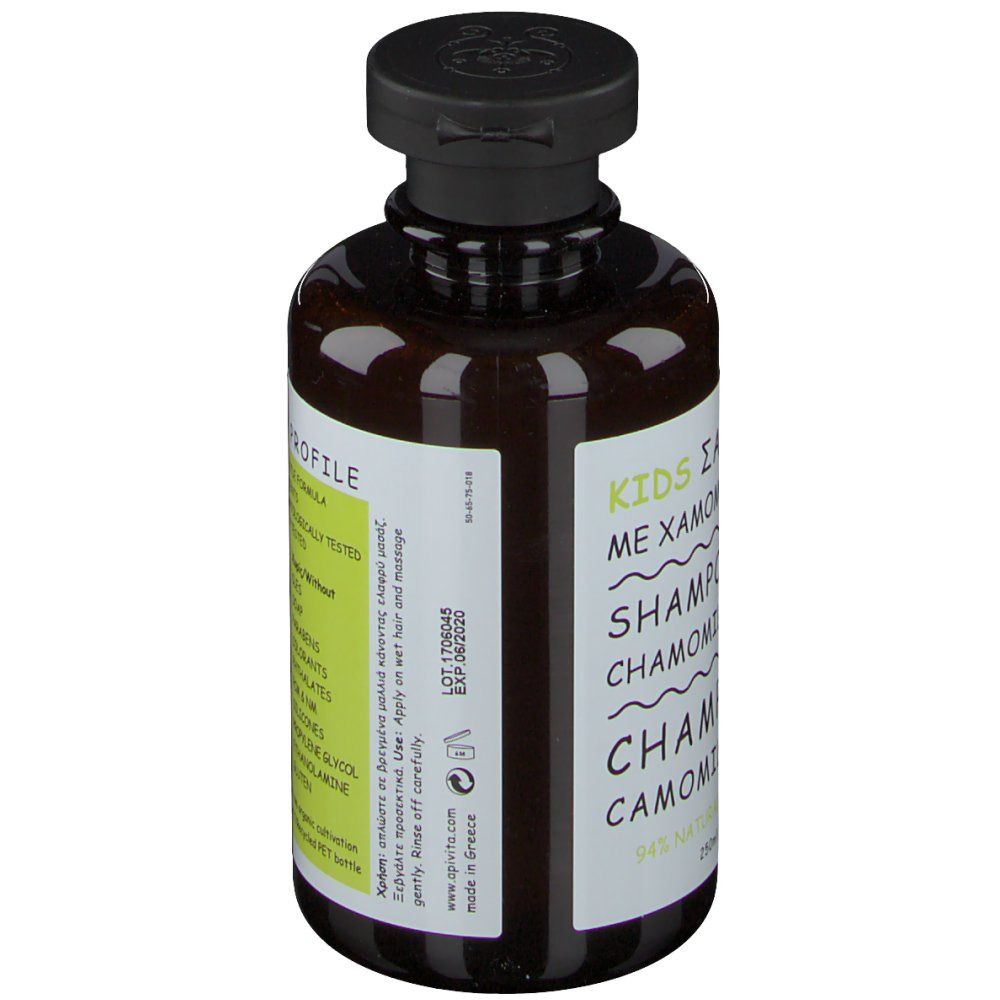 Apivita Kids Shampoing. Bottiglia con scritta: Shampoo alla camomilla. Data di scadenza. Prodotto in Grecia.
