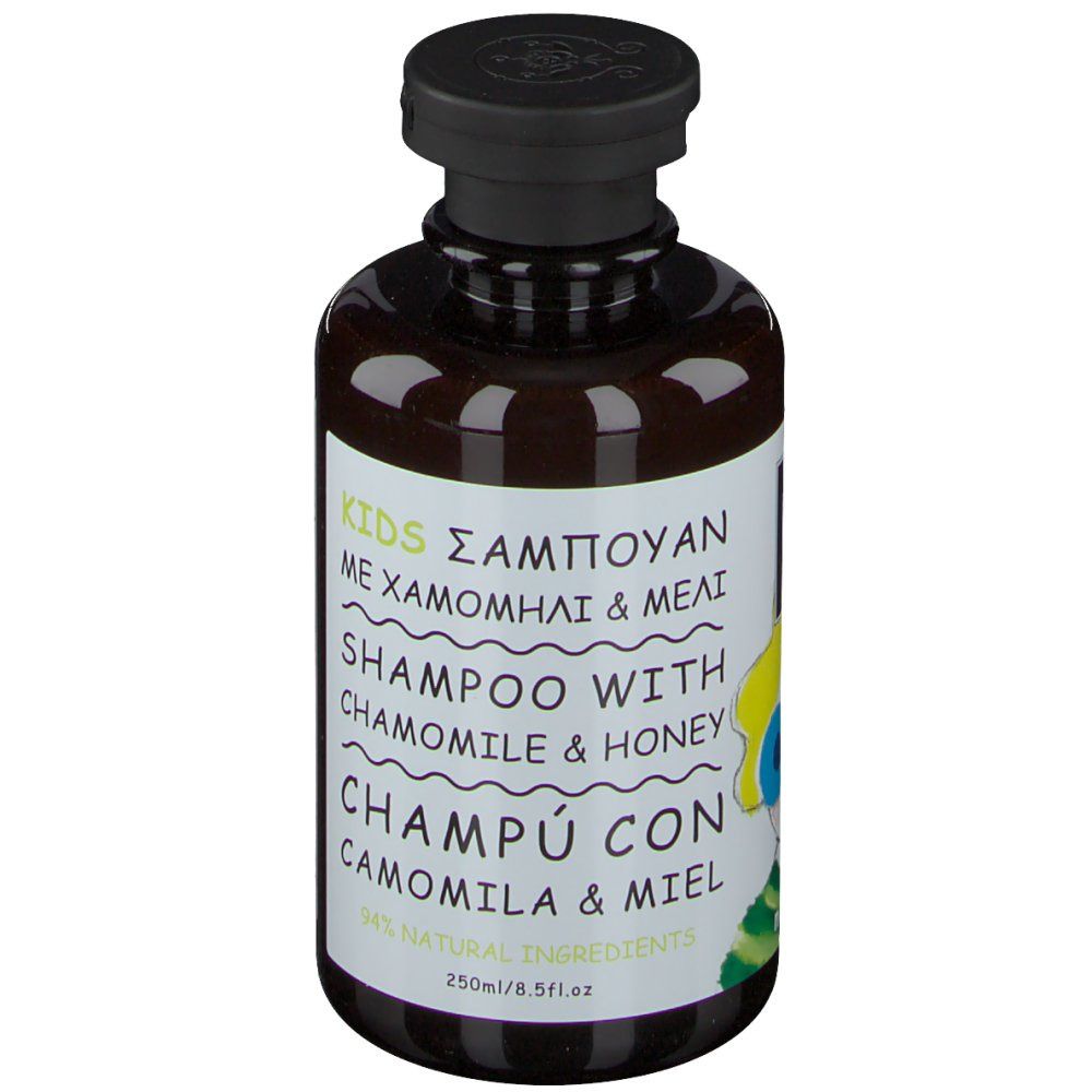 Apivita Kids Shampoing. Bottiglia con scritta: Shampoo alla camomilla e miele. 94% ingredienti naturali.