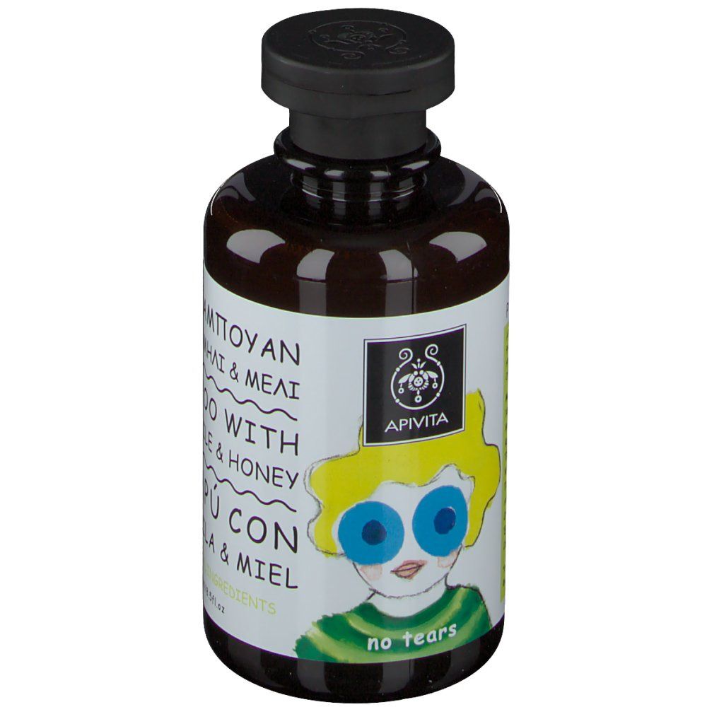 Apivita Kids Shampoing. Bottiglia con disegno infantile e scritta: Camomilla & Miele. Senza lacrime. Logo Apivita.