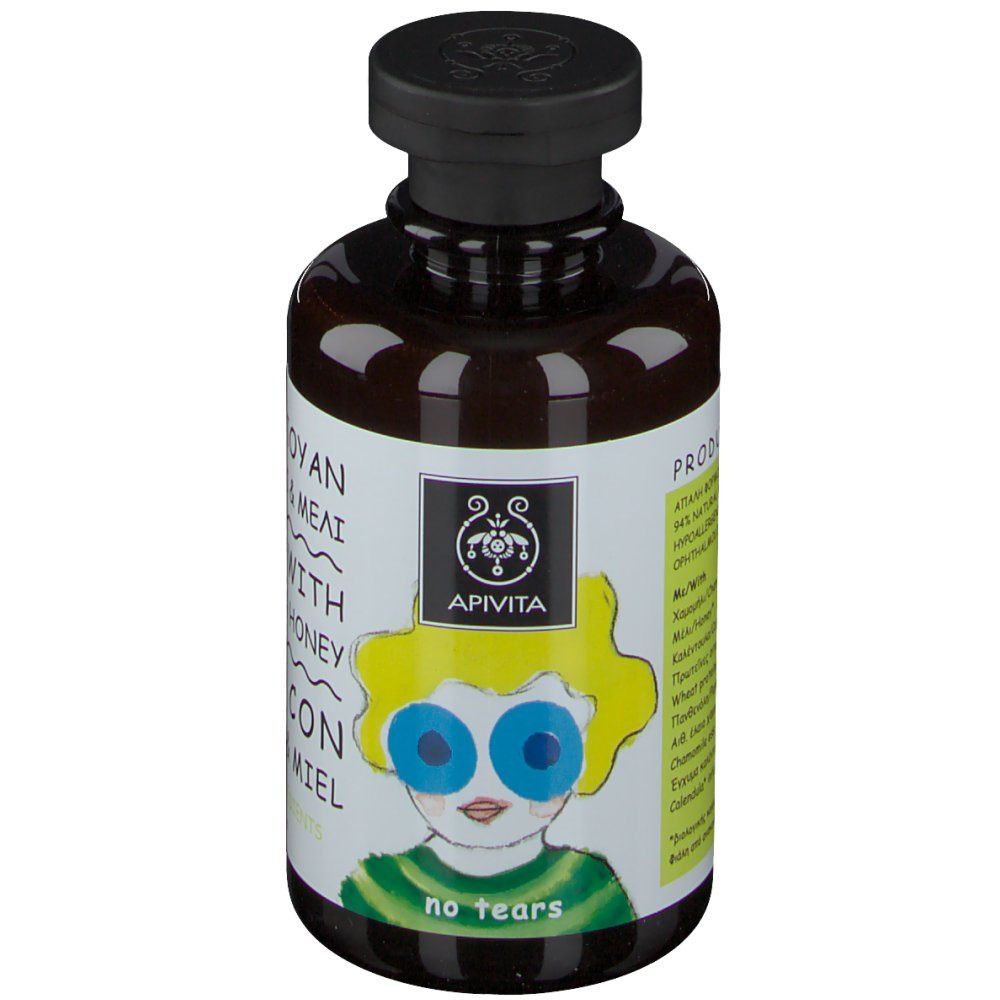 Apivita Kids Shampoing. Bottiglia con disegno infantile e scritta: Camomilla & Miele. Senza lacrime. Logo Apivita.