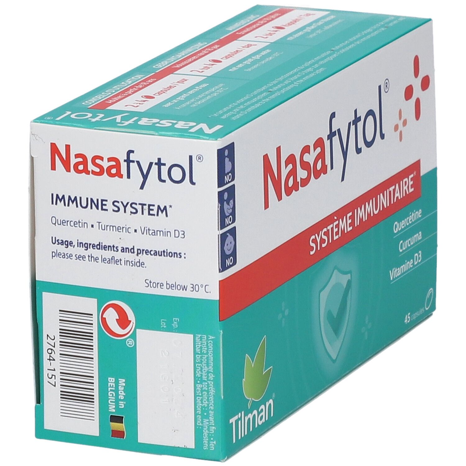 Confezione Nasafytol, angolata. Scatola bianca e verde con linea rossa. Contiene 45 capsule. Scritto: Immune System, Quercetin, Curcuma, Vitamina D3.