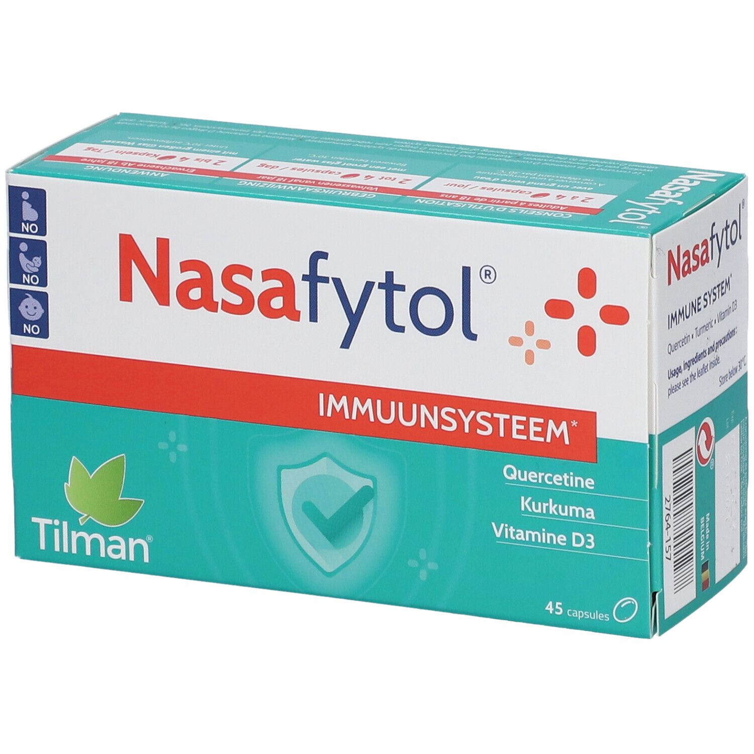 Confezione Nasafytol. Scatola bianca e verde con linea rossa. Contiene 45 capsule. Scritto: Immuunsysteem, Quercetine, Curcuma, Vitamina D3.