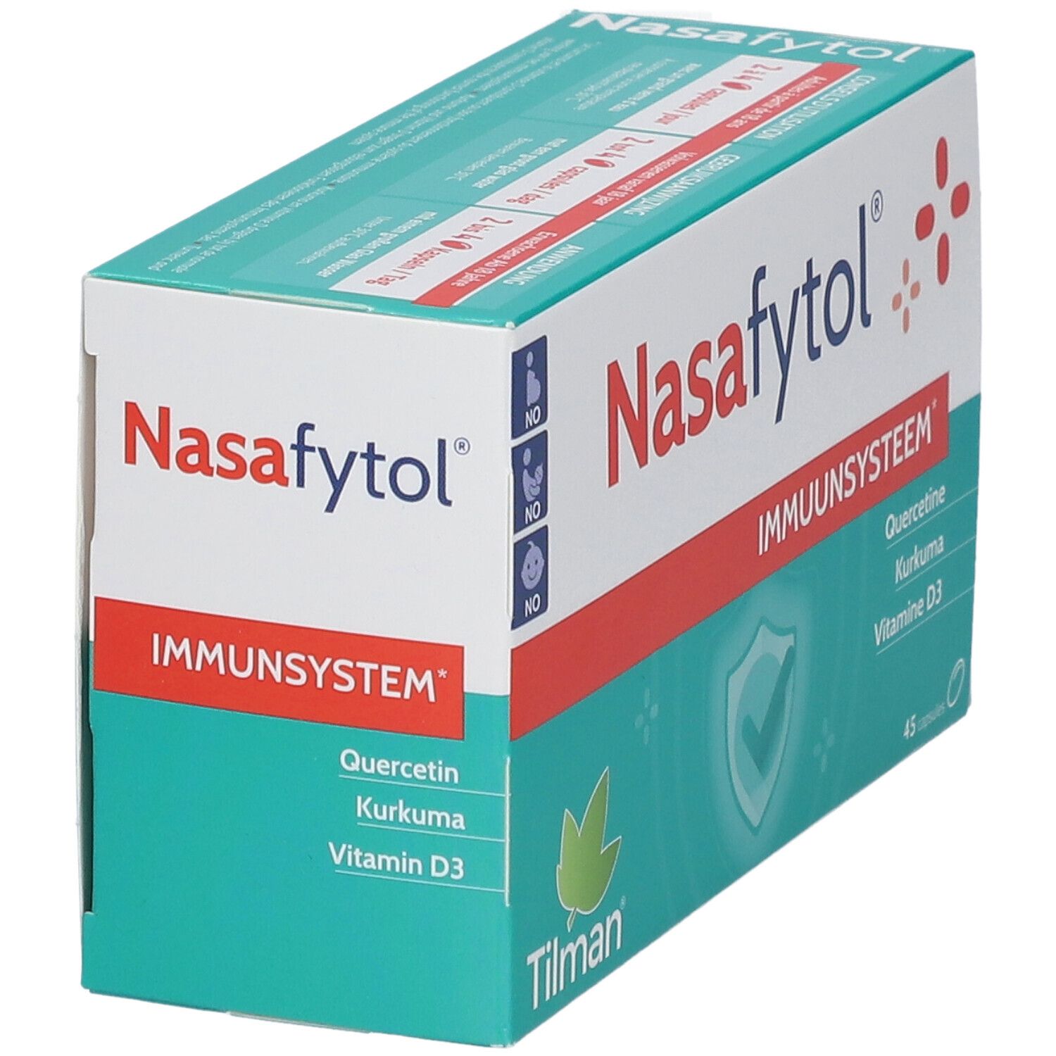 Confezione Nasafytol, angolata. Scatola bianca e verde con linea rossa. Contiene 45 capsule. Scritto: Immuunsysteem, Quercetine, Curcuma, Vitamina D3.