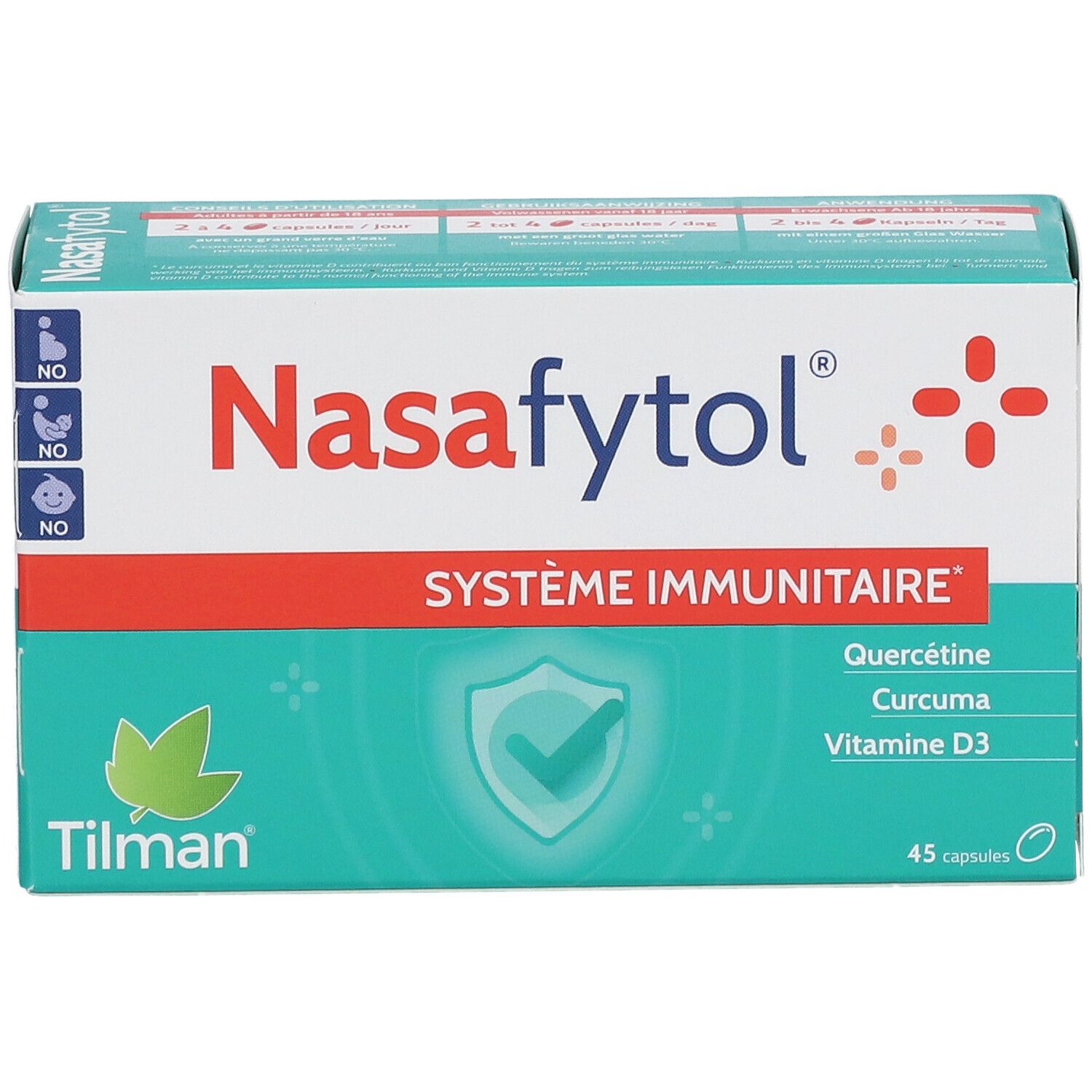 Confezione Nasafytol. Scatola bianca e verde con linea rossa. Contiene 45 capsule. Scritto: Système Immunitaire, Quercétine, Curcuma, Vitamine D3.