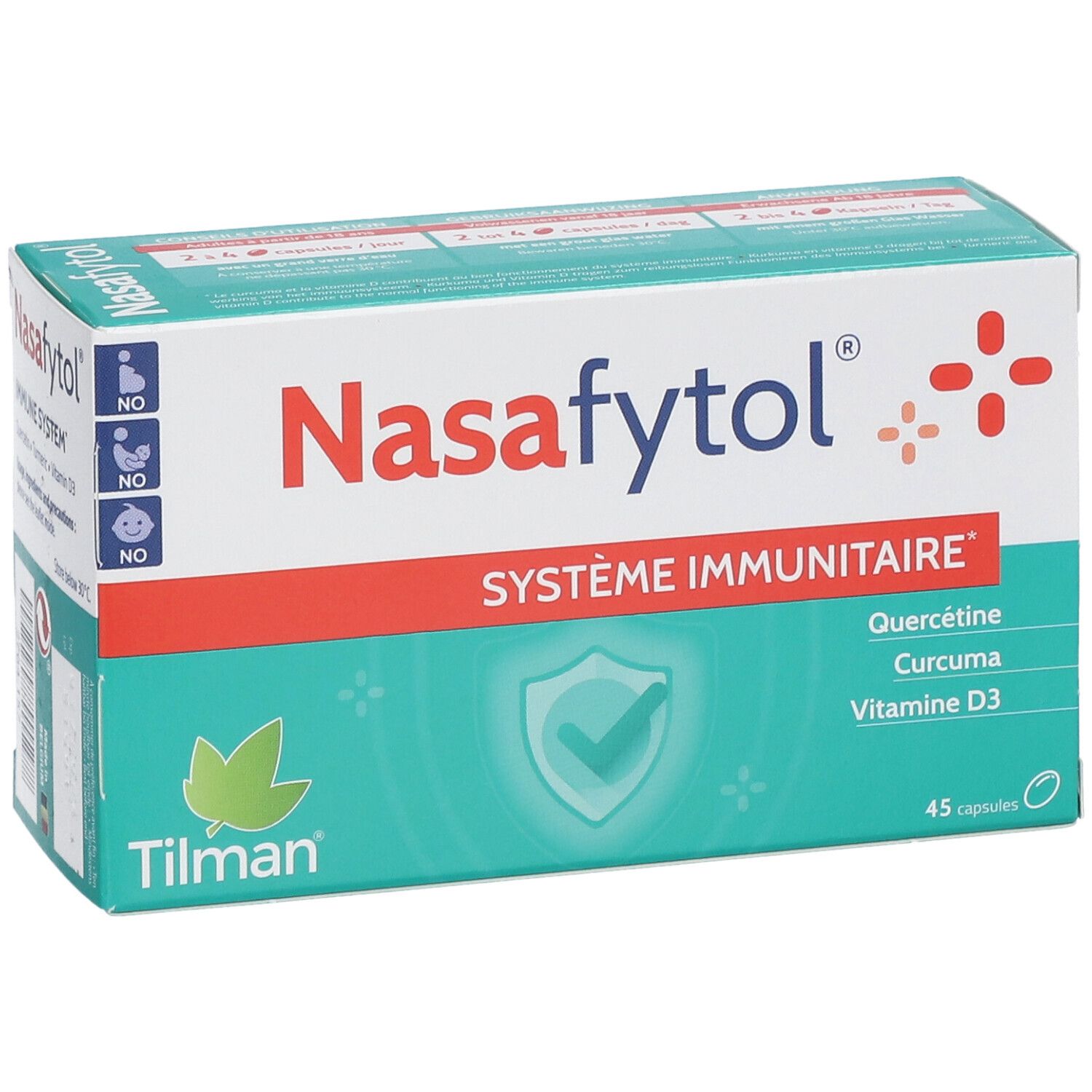 Confezione Nasafytol. Scatola bianca e verde con linea rossa. Contiene 45 capsule. Scritto: Système Immunitaire, Quercétine, Curcuma, Vitamine D3.