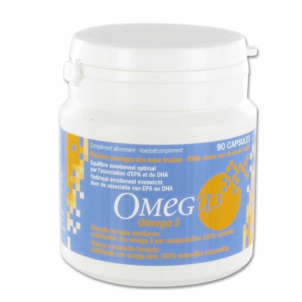 Barattolo bianco con etichetta blu. Scritta: Omega 3. Contiene 90 capsule. Testo in francese e olandese.
