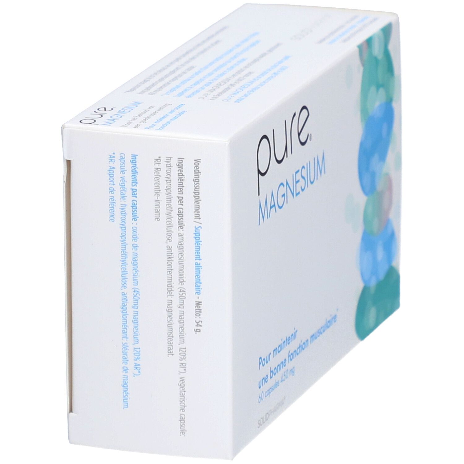 Scatola "pure Magnesium" in prospettiva. Testo: ingredienti, informazioni nutrizionali.