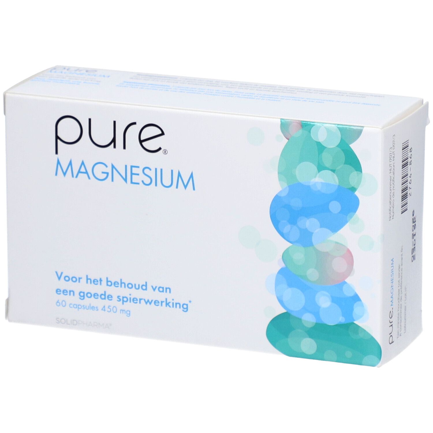 Scatola "pure Magnesium". Decorazioni blu e verdi. Testo: 60 capsule 450 mg.