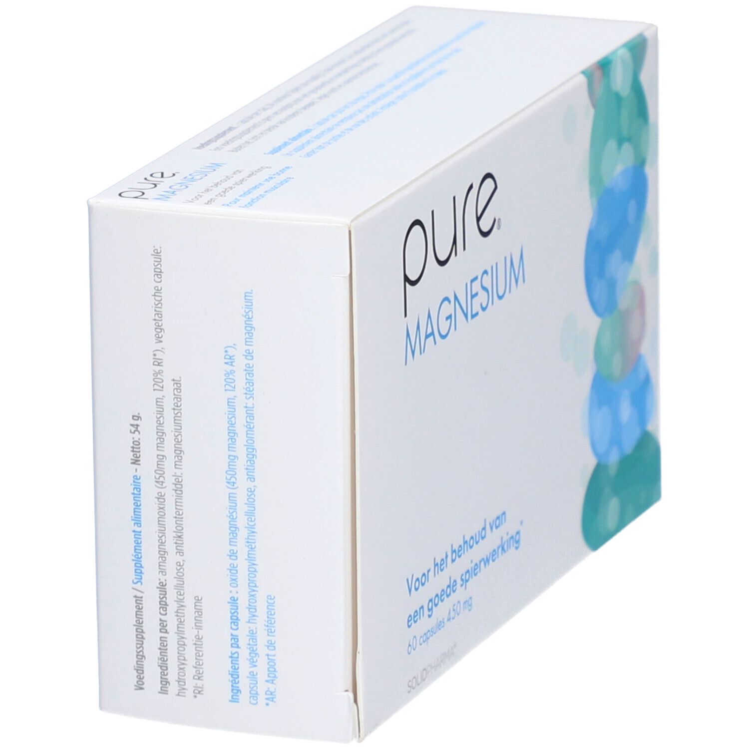 Scatola "pure Magnesium" in prospettiva. Testo: ingredienti, informazioni nutrizionali.