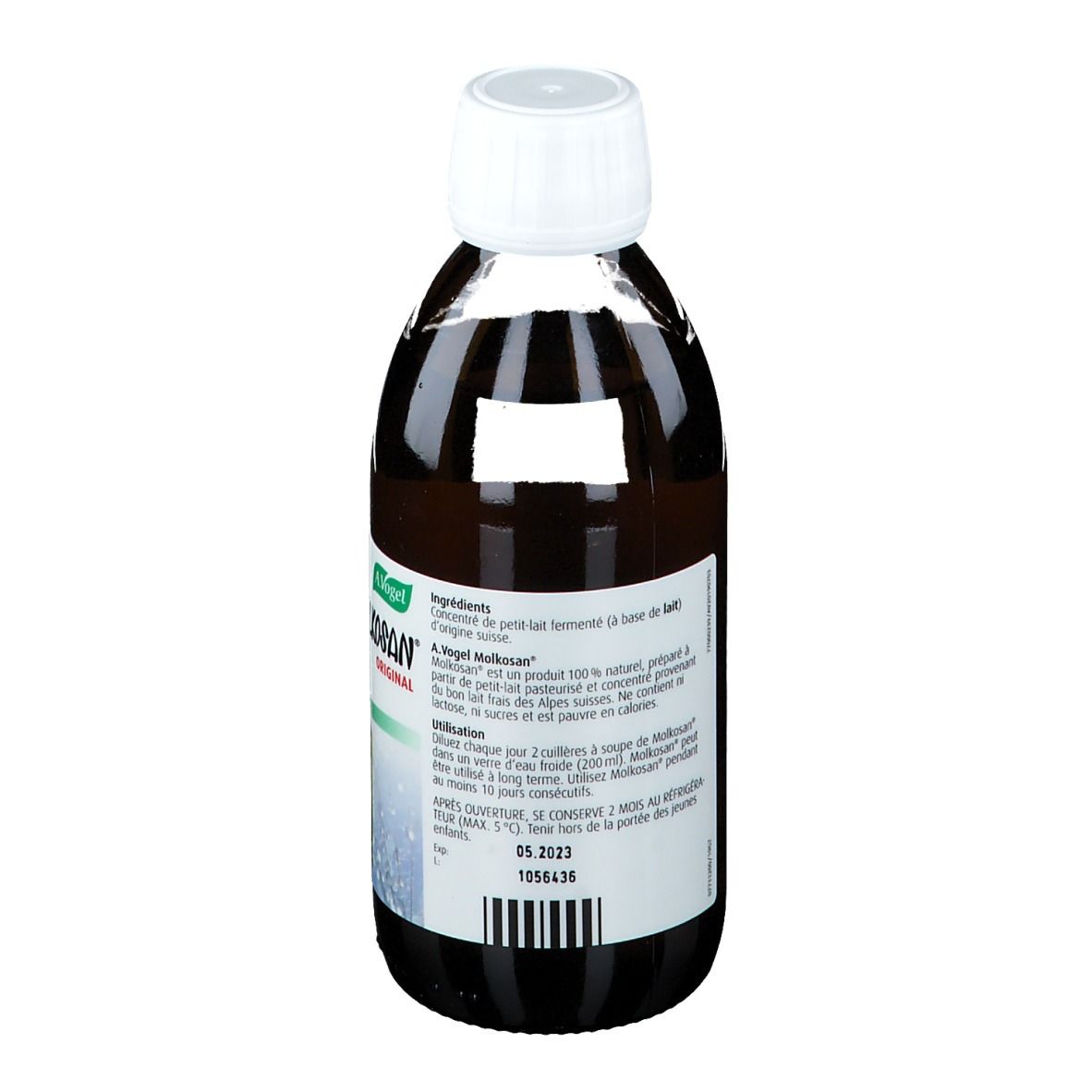 Bottiglia A. Vogel Molkosan Original. Liquido marrone, tappo bianco. Etichetta con informazioni prodotto.