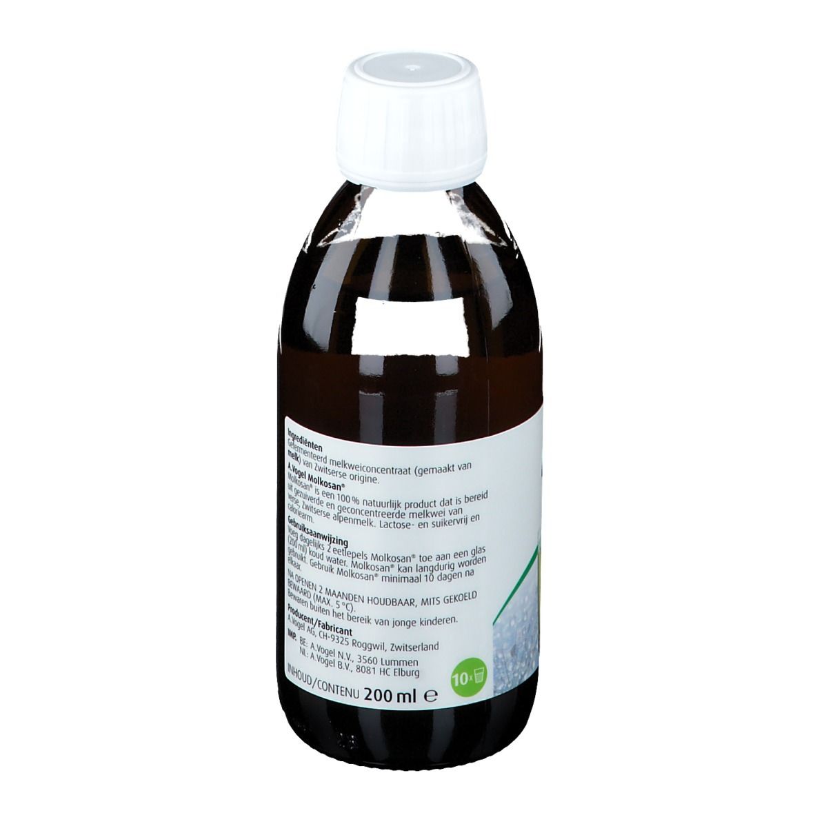 Bottiglia A. Vogel Molkosan Original. Liquido marrone, tappo bianco. Etichetta con informazioni prodotto.